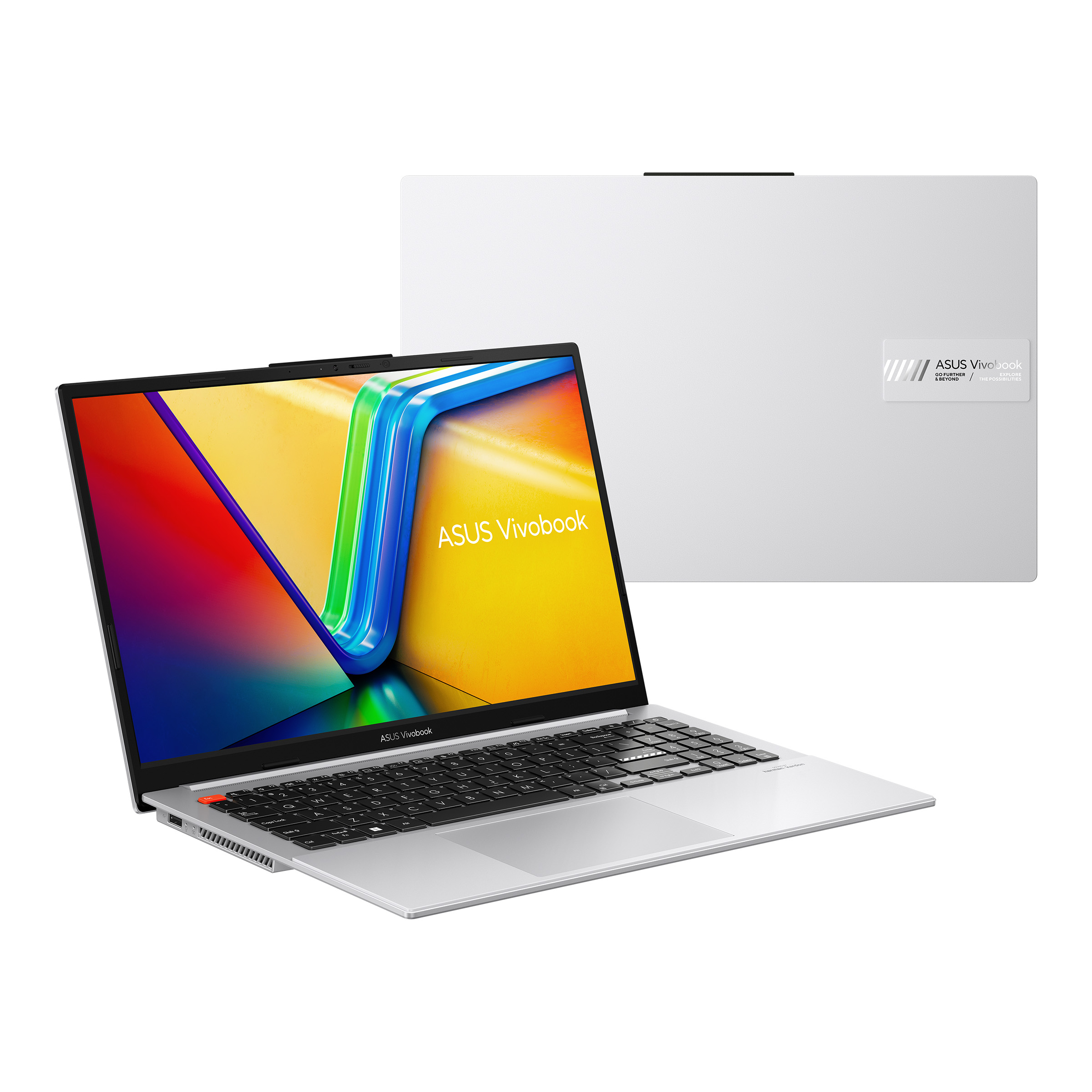 Laptop Asus Vivobook blanco, abierto con pantalla colorida, otro cerrado detrás.