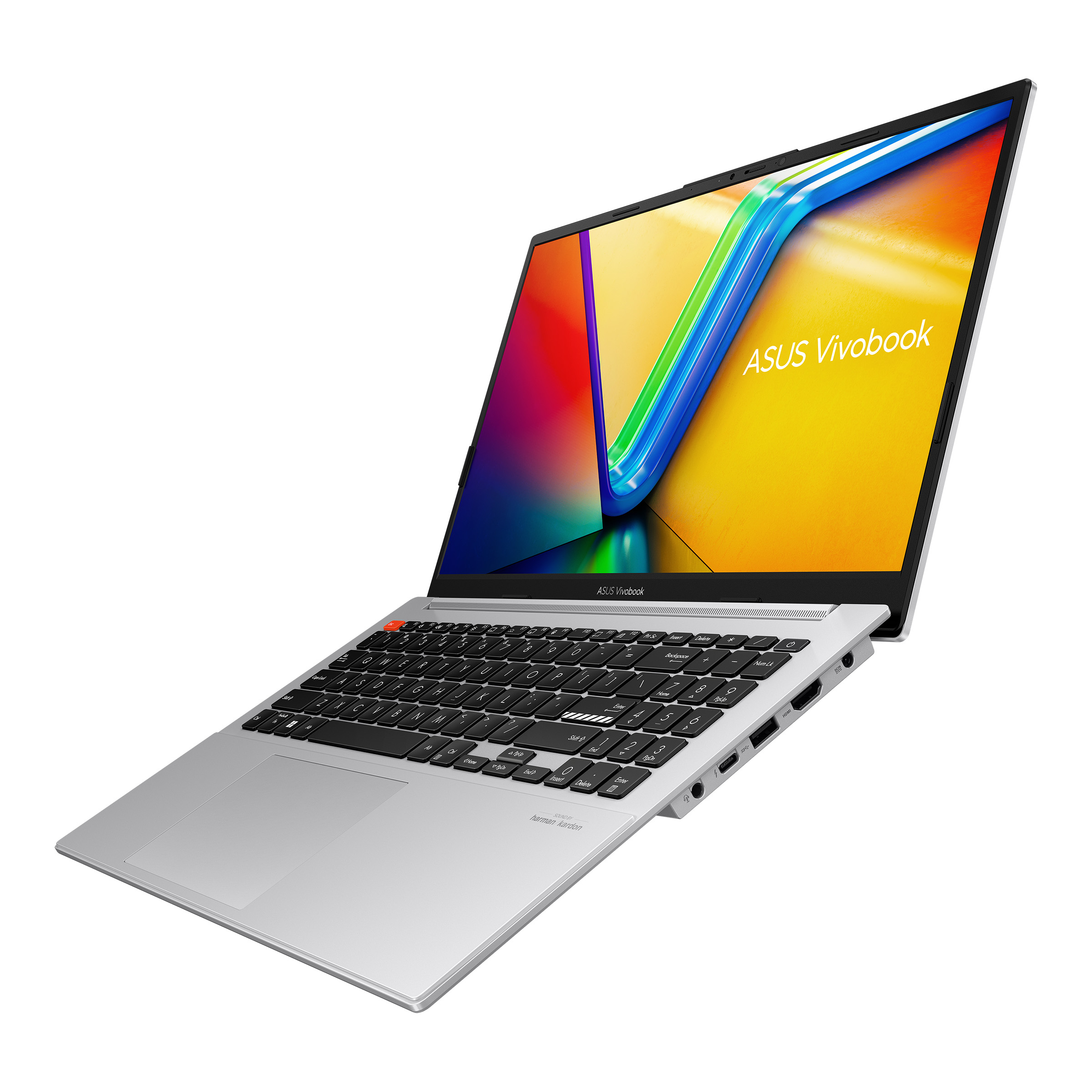Un portátil ASUS Vivobook plateado, abierto con una pantalla colorida.