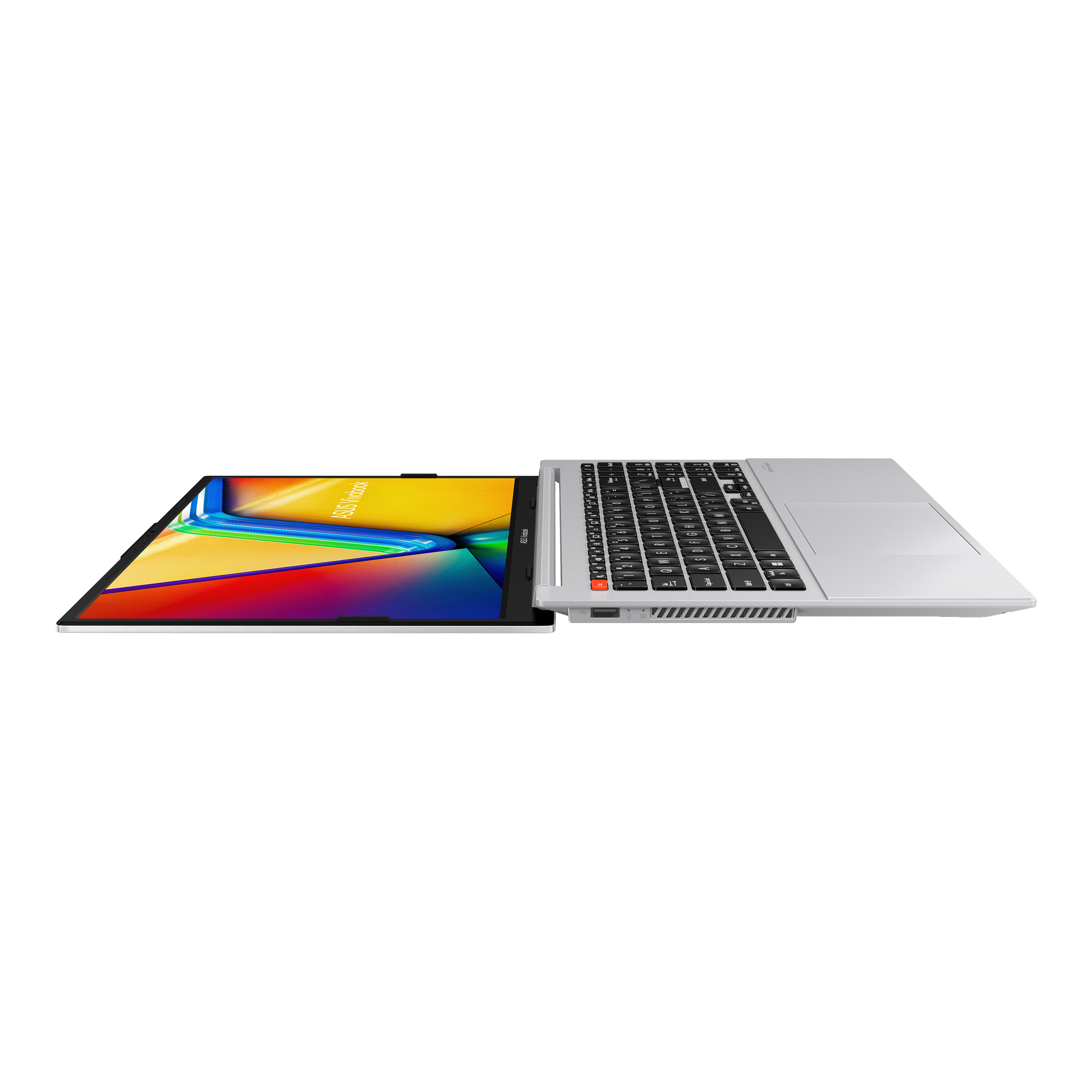 Una computadora portátil, abierta, mostrando una pantalla colorida, con un teclado. Visto desde arriba.