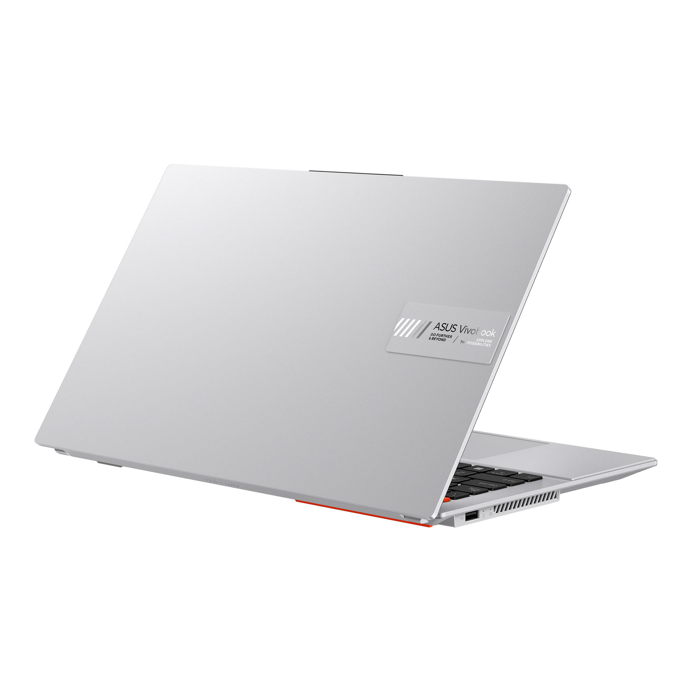 Parte trasera de un portátil plateado con el logo de ASUS Vivobook y una línea roja.