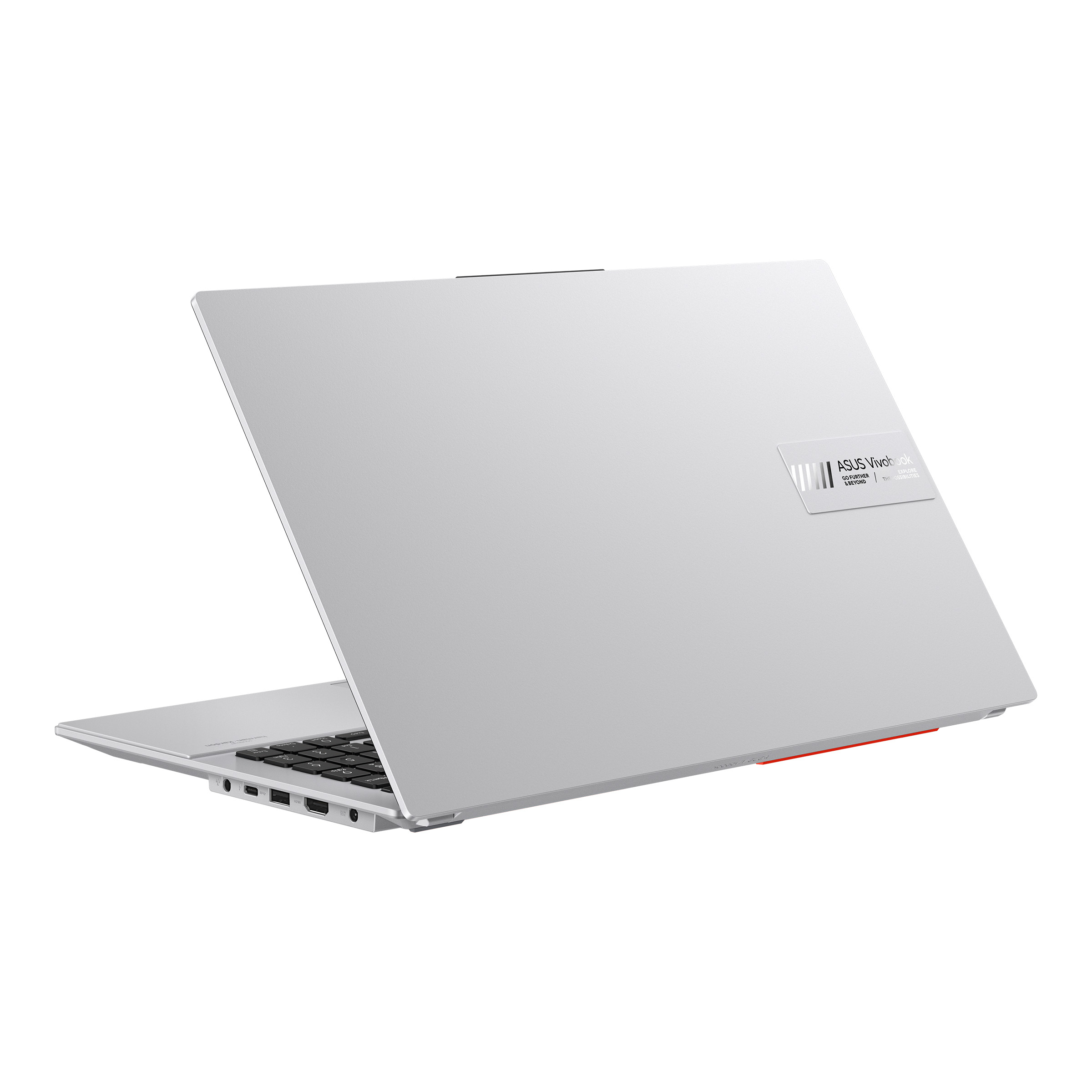Portátil plateado, vista trasera, logo ASUS, abierto. Acento rojo en el borde.