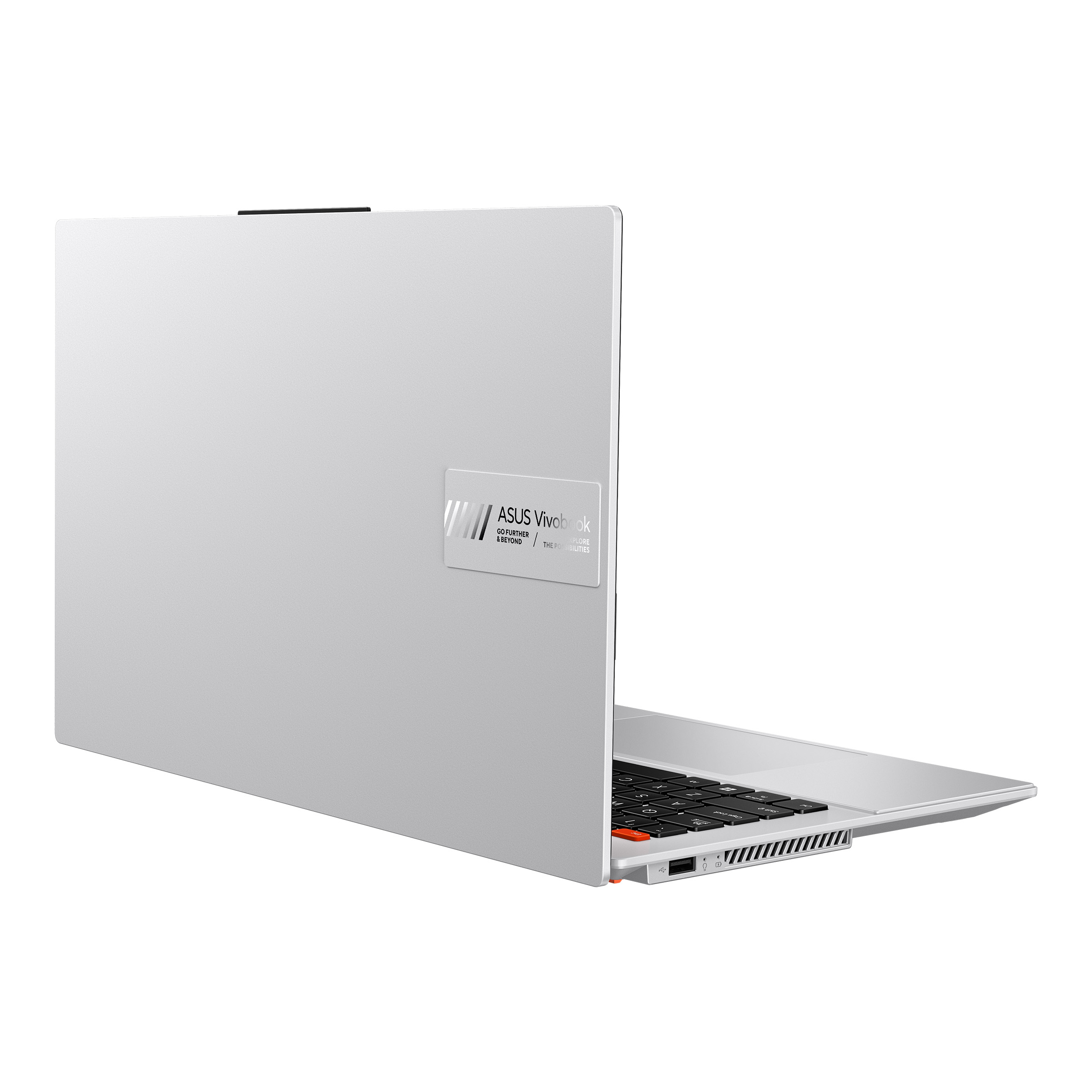 Parte trasera de portátil blanca, parcialmente abierta, con logo ASUS Vivobook. Teclado negro.