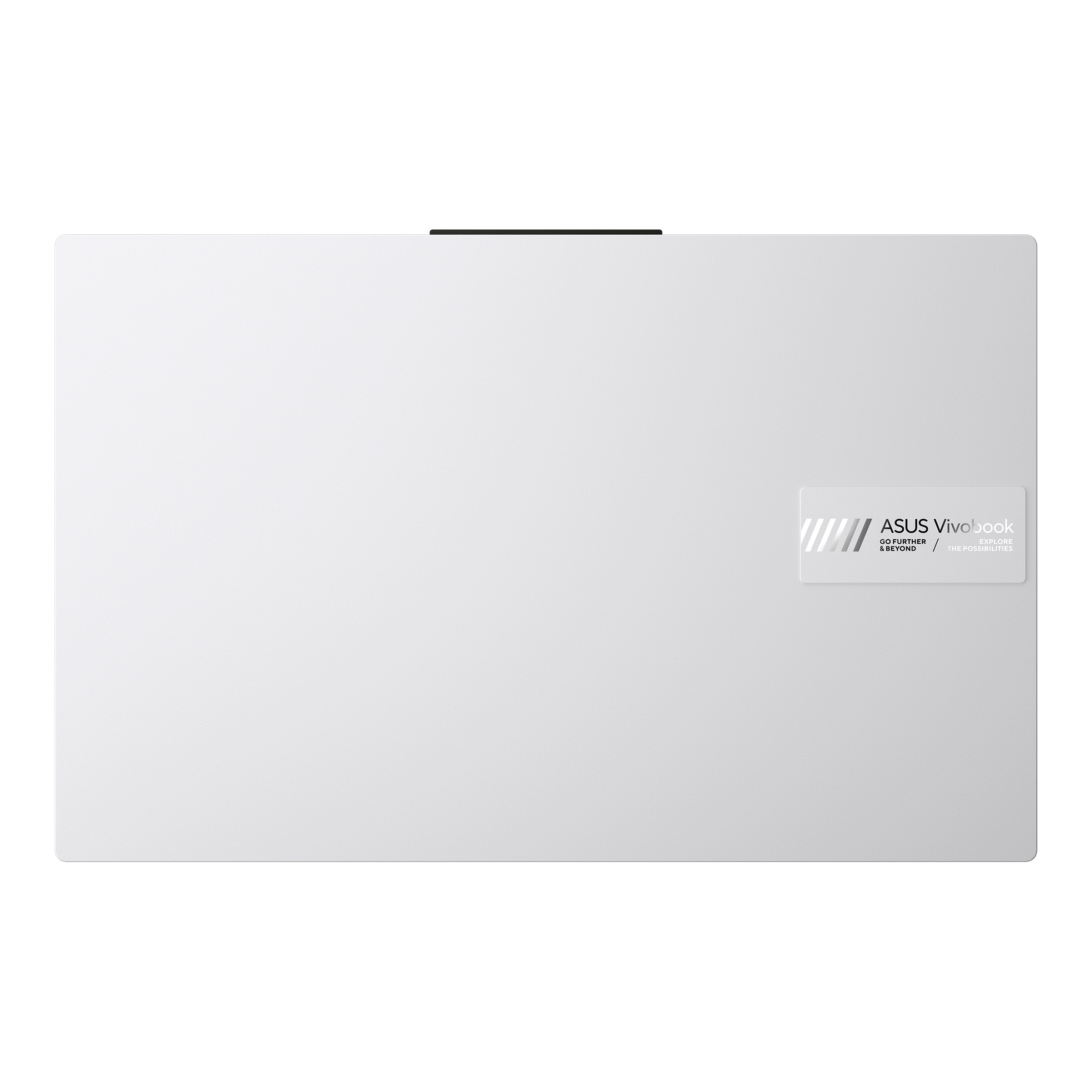 Vista superior de un portátil blanco con el logotipo de ASUS Vivobook a la derecha.