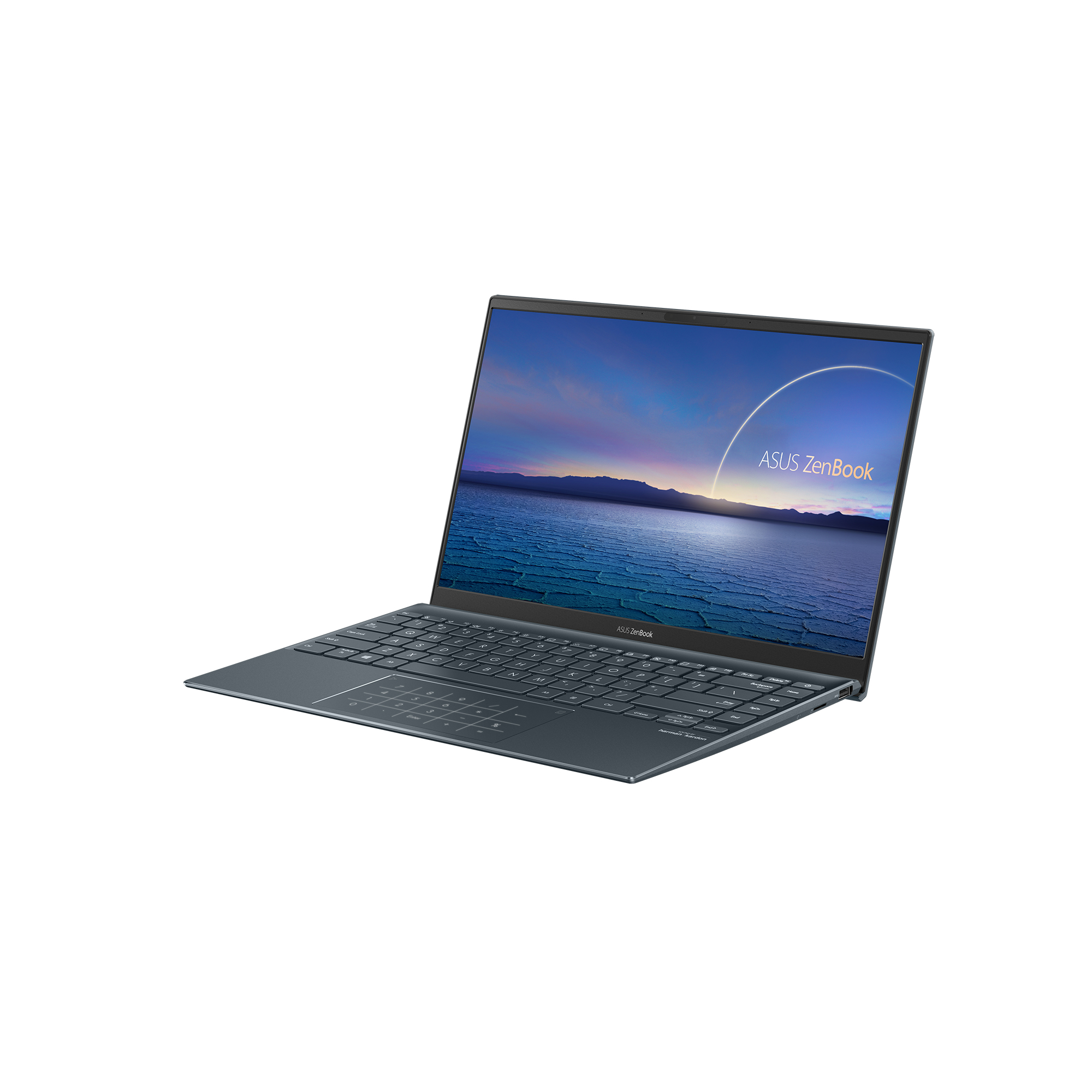 Laptop Asus Zenbook sobre una superficie blanca, mostrando la pantalla.