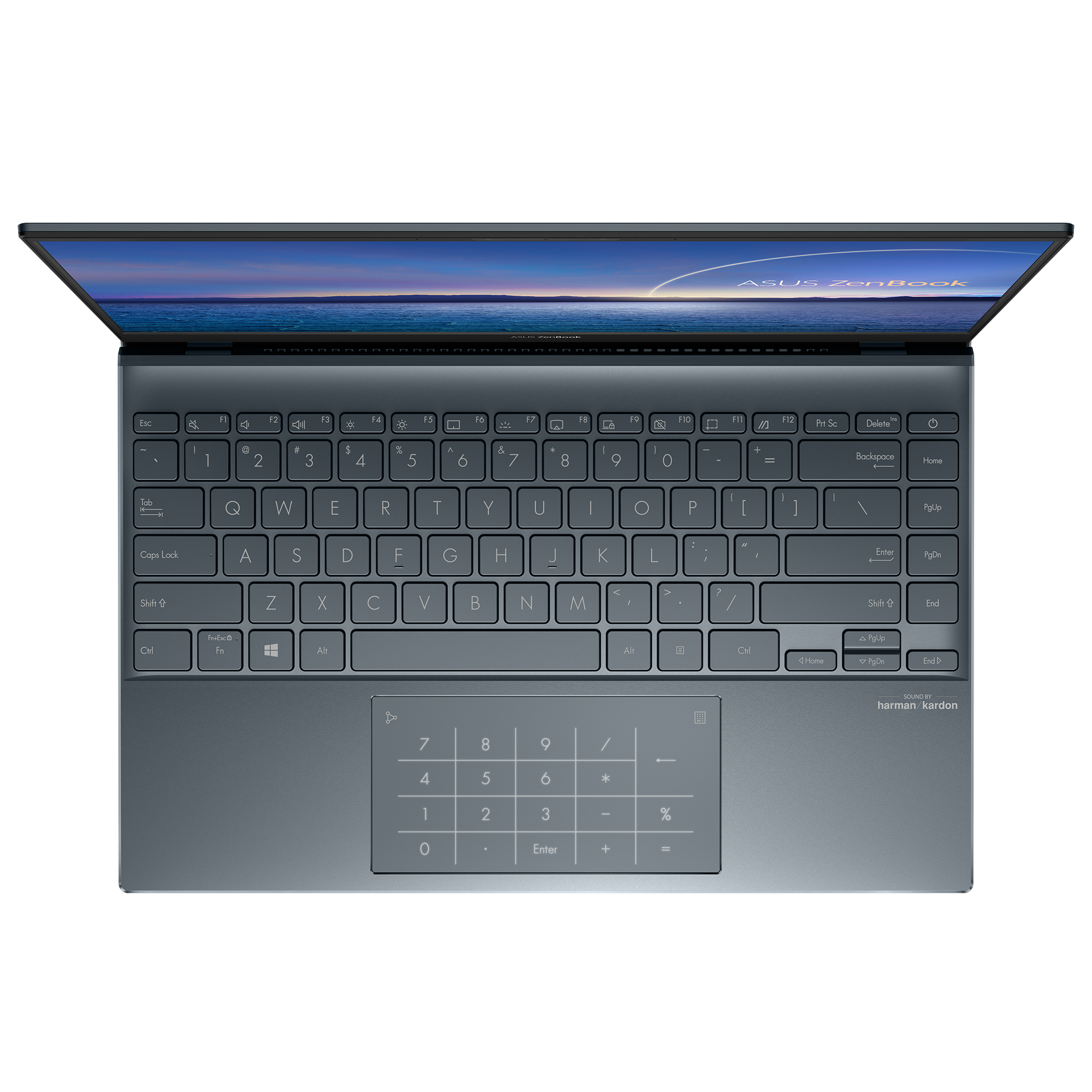 Portátil con teclado y panel táctil. La pantalla está parcialmente abierta y muestra una vista.