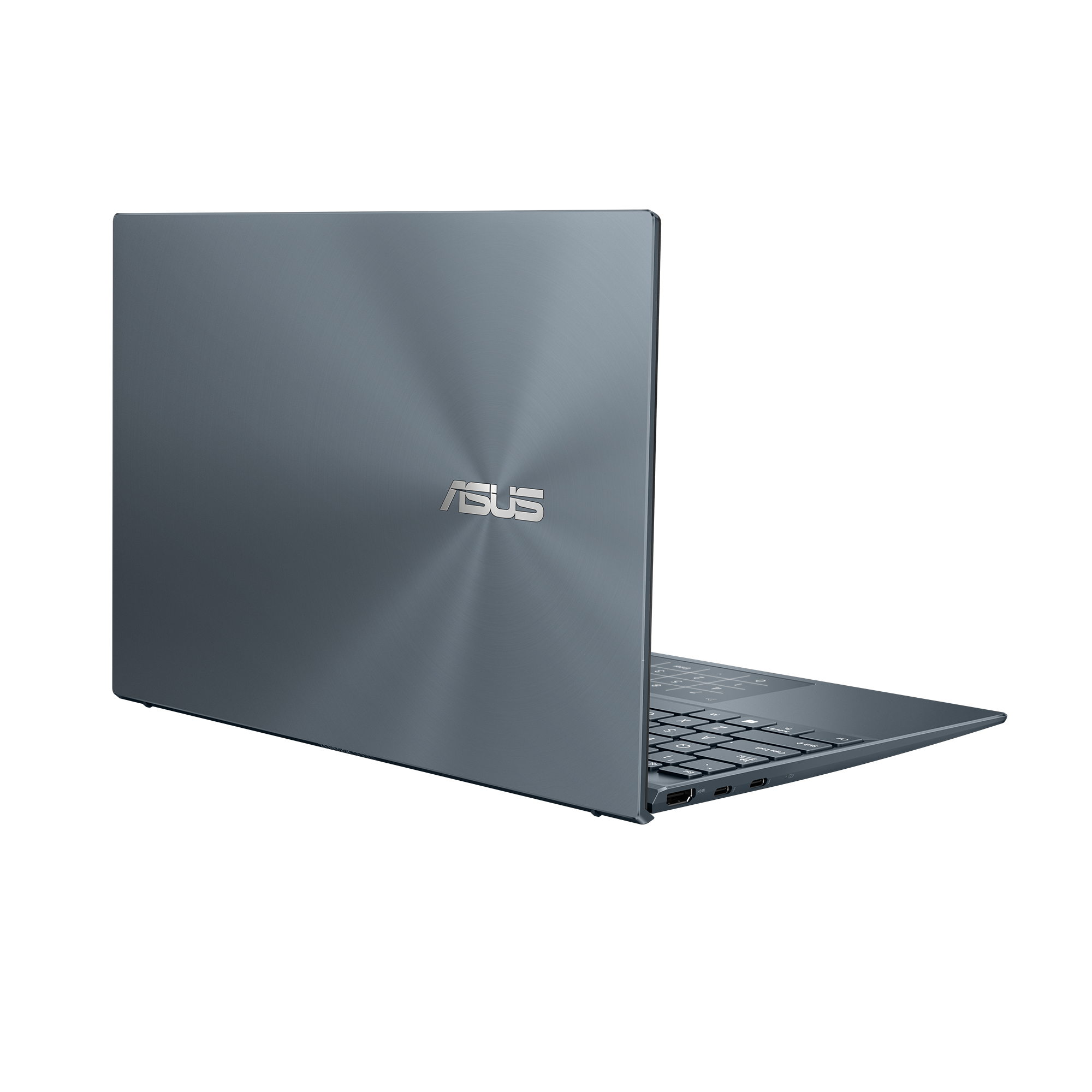 Portátil azul oscuro desde un ángulo lateral. Logotipo de ASUS en la parte trasera.