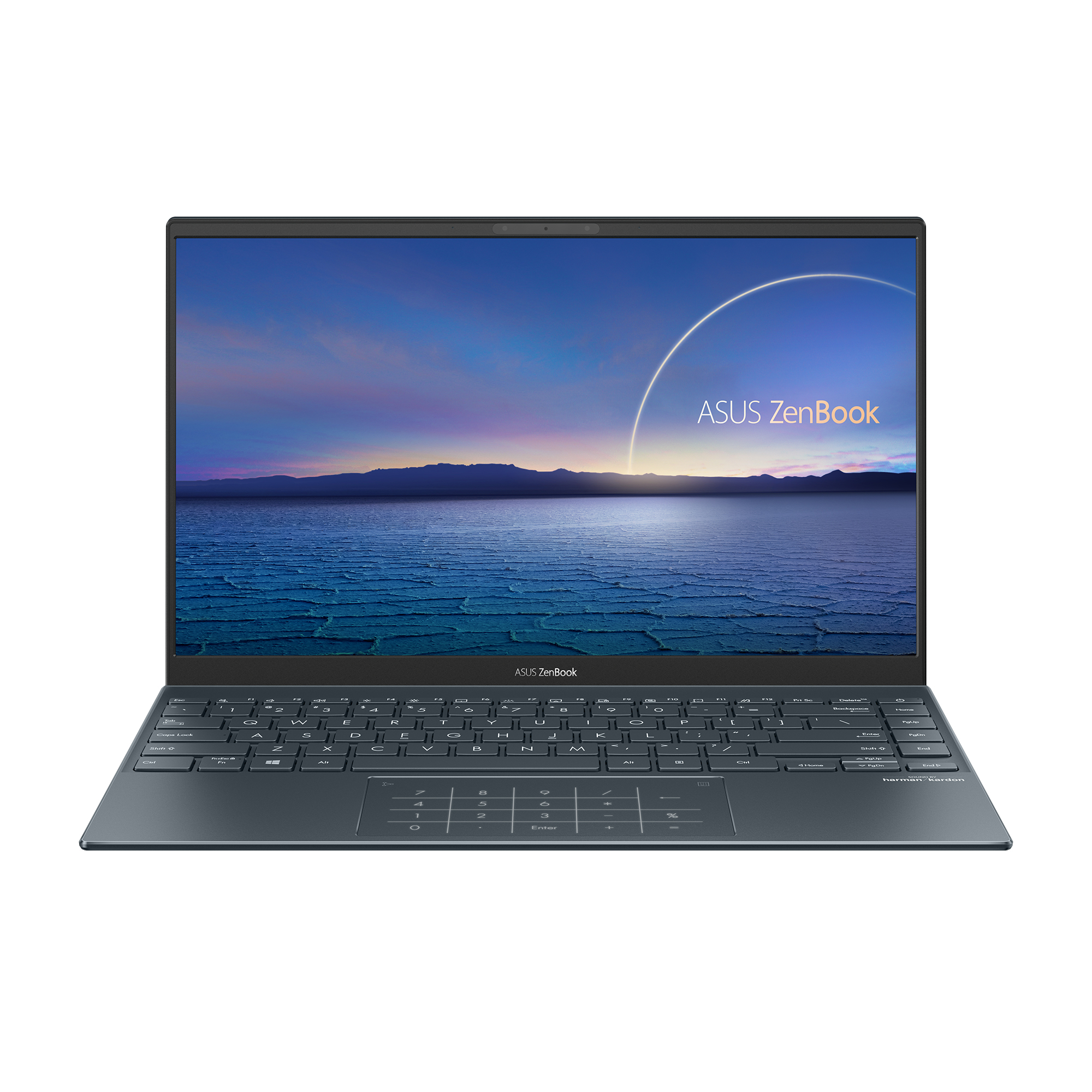 Portátil abierto con una pantalla que muestra una escena de paisaje, azul oscuro y un teclado.