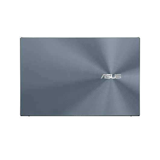 Una tapa de portátil con el logotipo de ASUS. La tapa es de color gris oscuro y tiene una textura de metal cepillado.