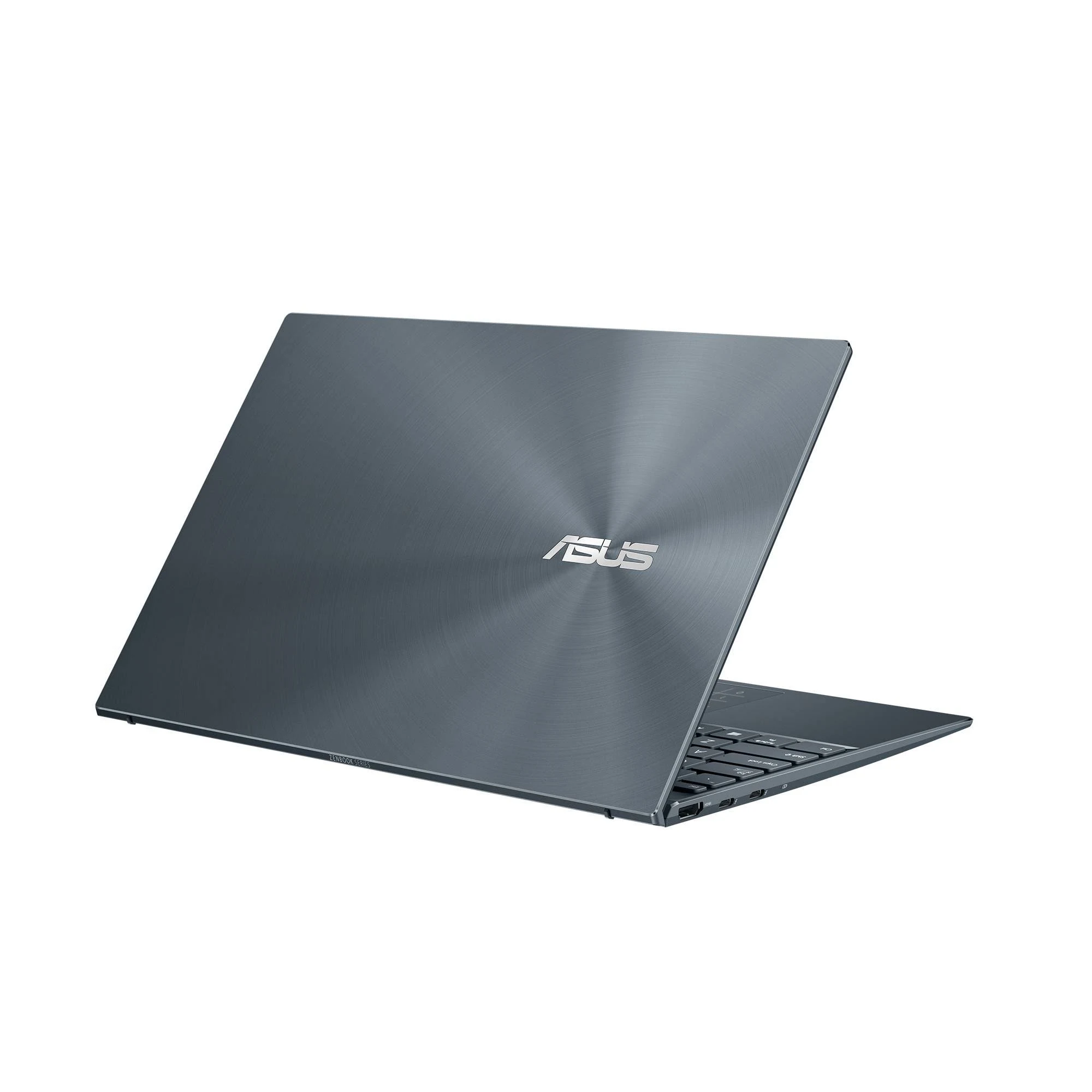 Portátil gris oscuro, vista trasera, logo ASUS, cerrado.