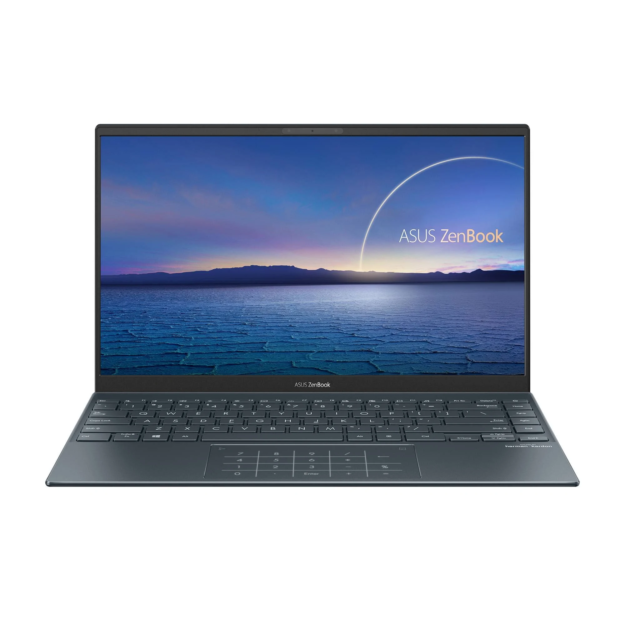 Un portátil con una pantalla azul oscuro que muestra una vista panorámica, y un teclado con teclas.