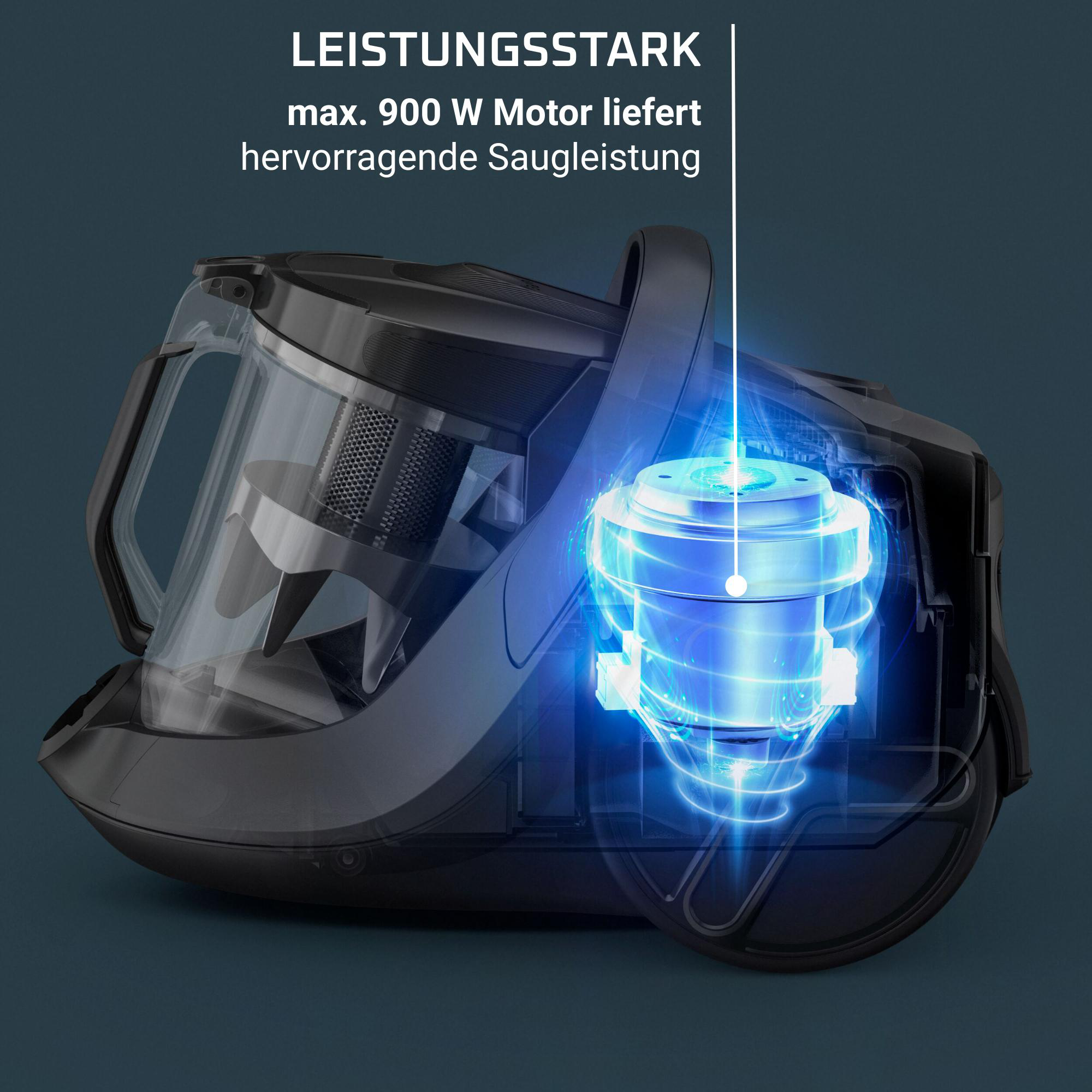 Staubsauger mit hervorgehobenen Innenkomponenten, blauer Lichteffekt.