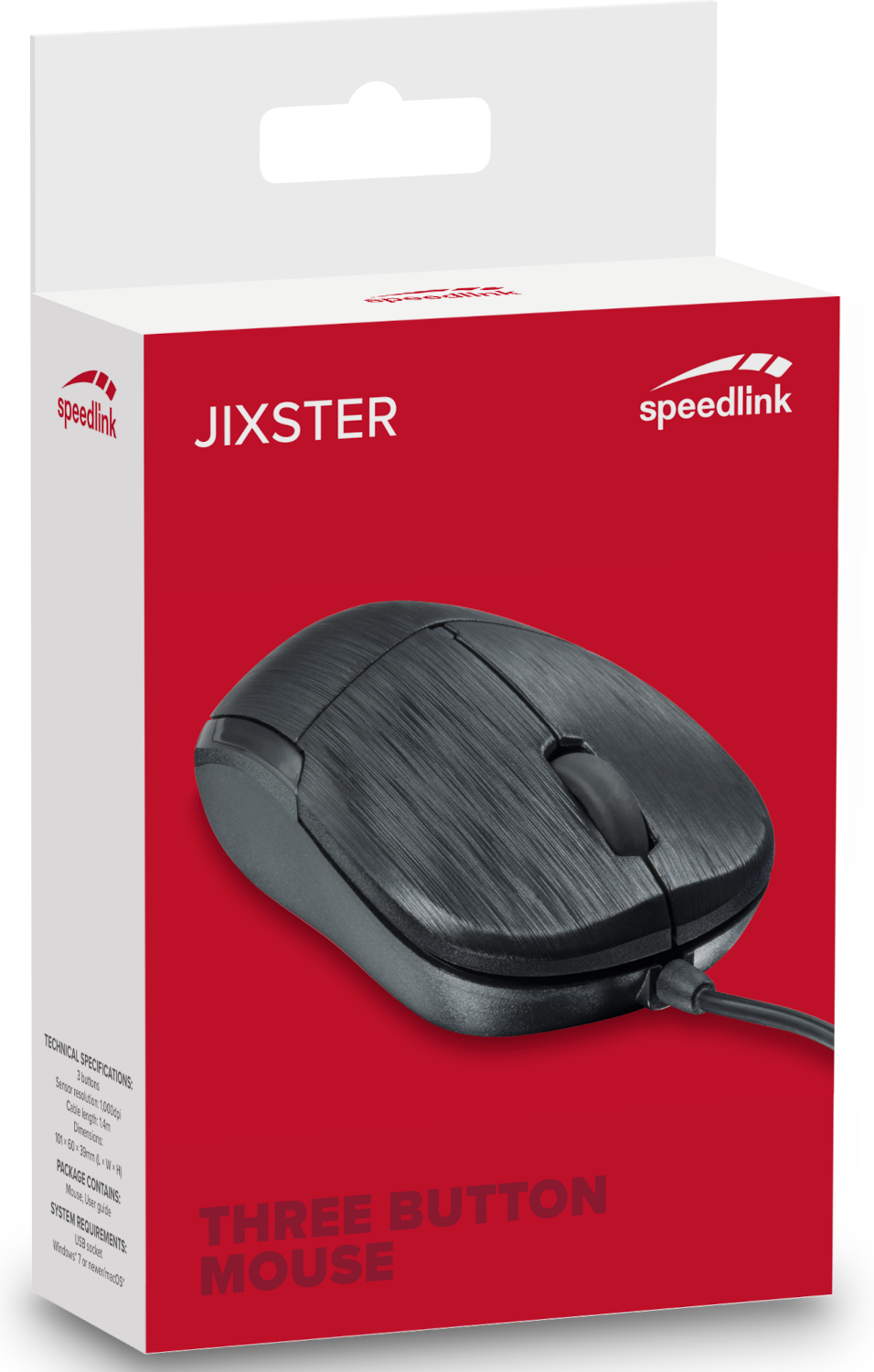 Egy fekete Speedlink egér egy piros-fehér dobozban, adatokkal.