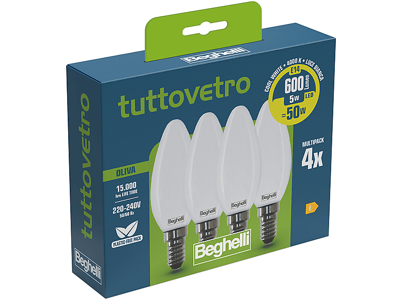 Lampadina LED Beghelli 4PZ Tvled Oliva 5We14-4K