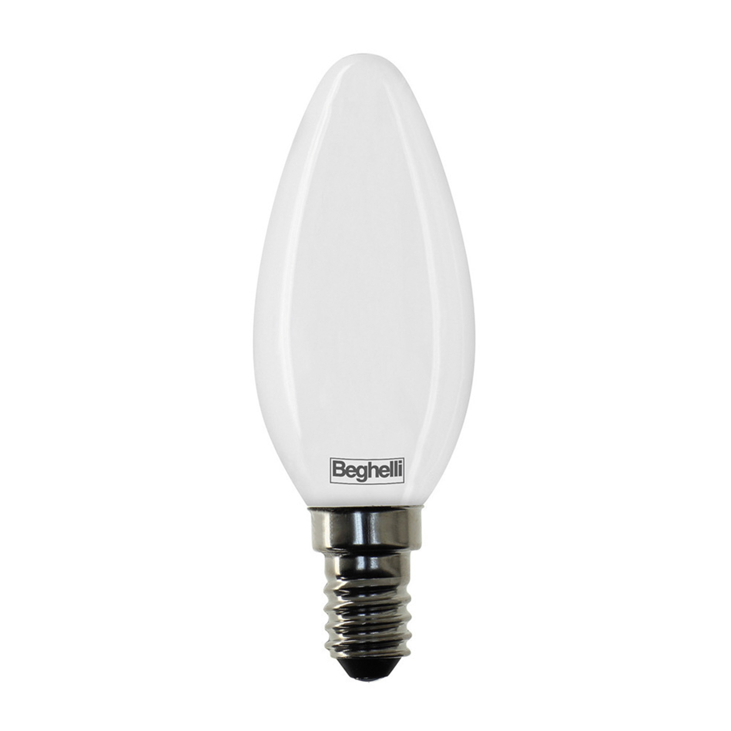 Lampadina bianca con base argentata. La lampadina ha una forma ovale allungata e l'etichetta 'Beghelli' è stampata sopra.