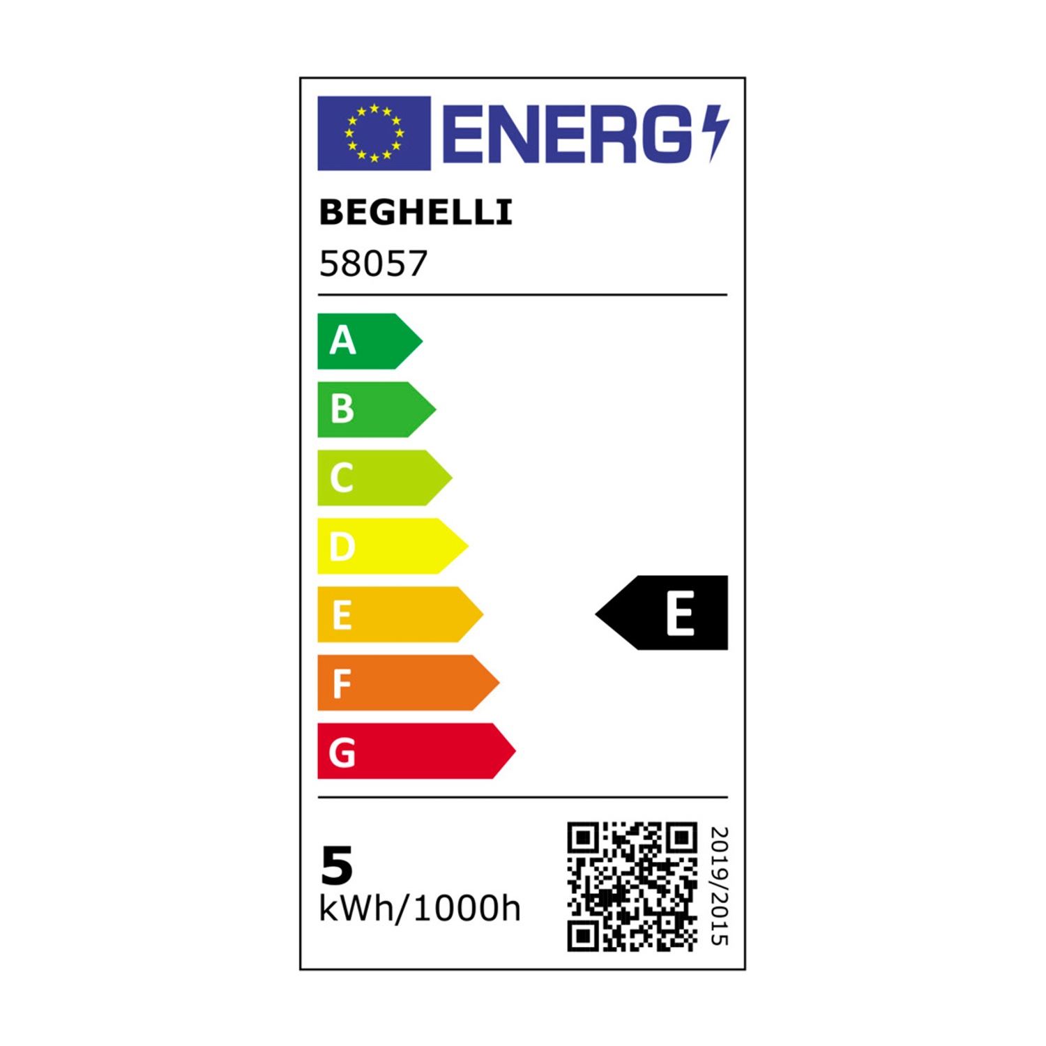 Un'etichetta di efficienza energetica con il logo Beghelli e una classificazione E.