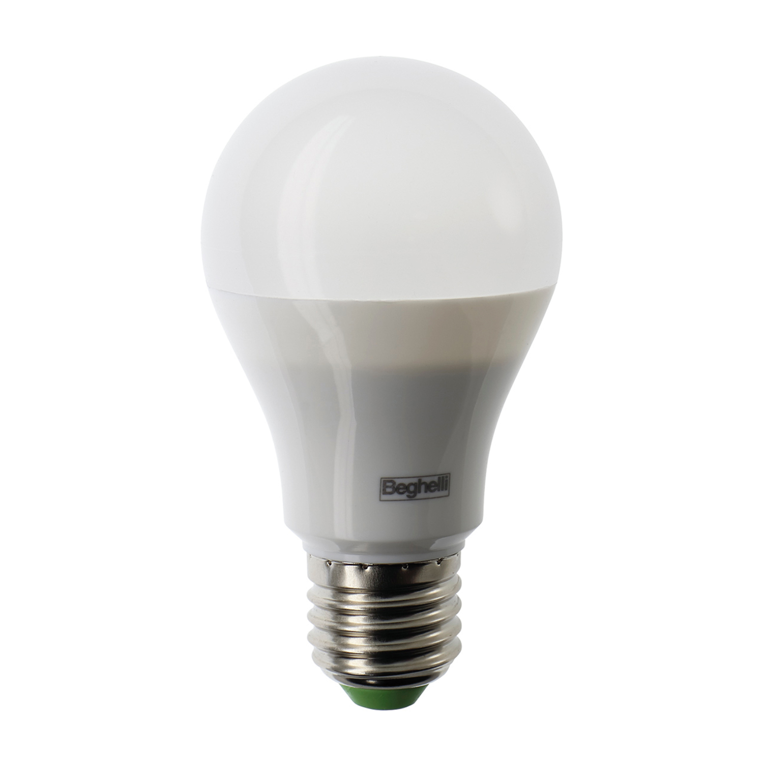 Una lampadina LED bianca, con base grigia e fondo verde.