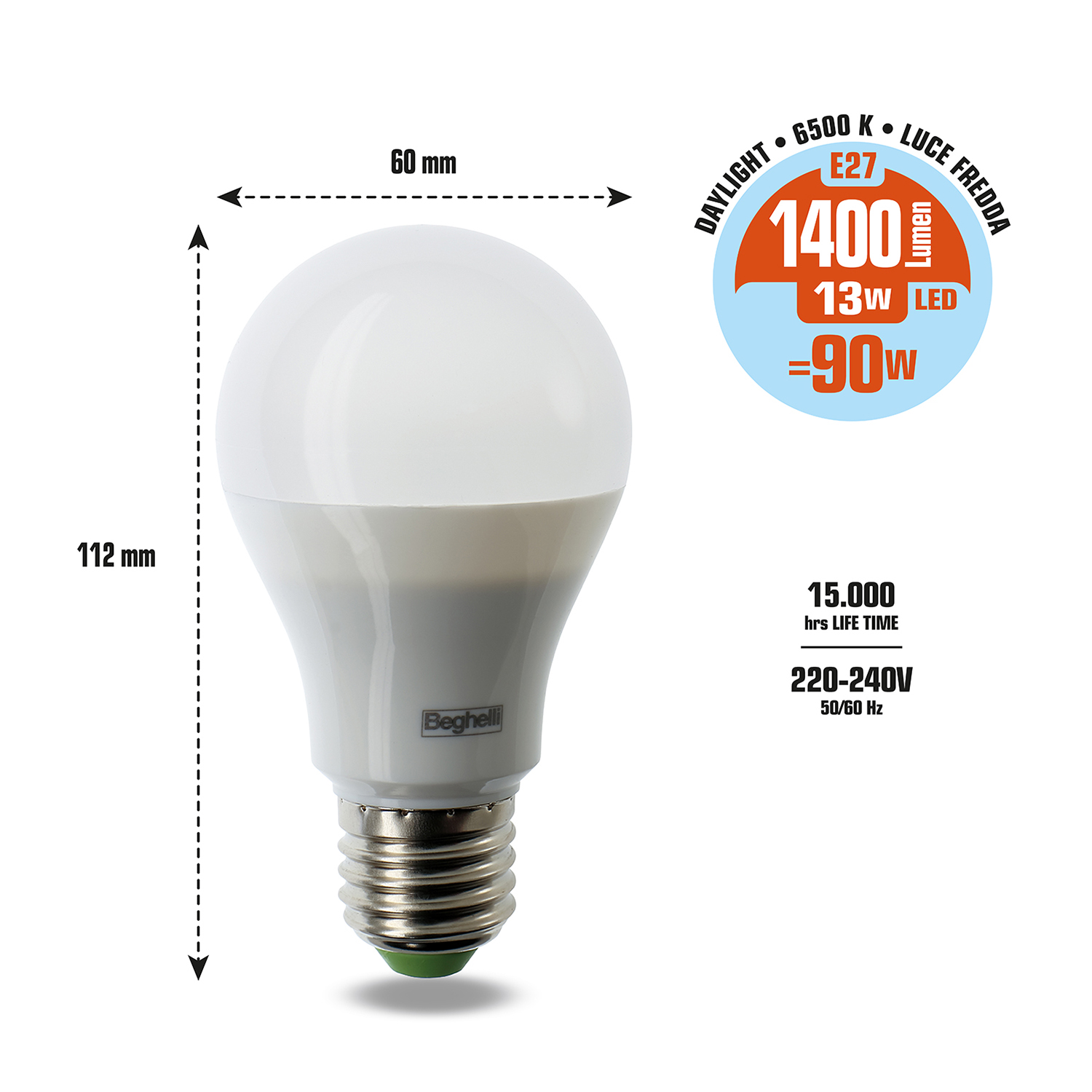 Lampadina LED bianca, con dimensioni e specifiche. Schema di colori blu e bianco. Mostra 1400 lumen.