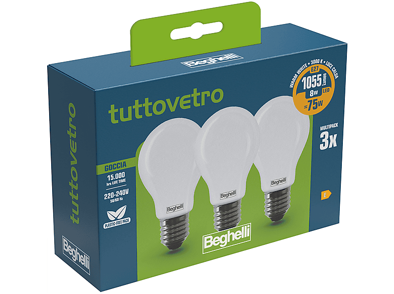 Lampadina LED Beghelli 3PZ Tvled GOC 8We27-3K
