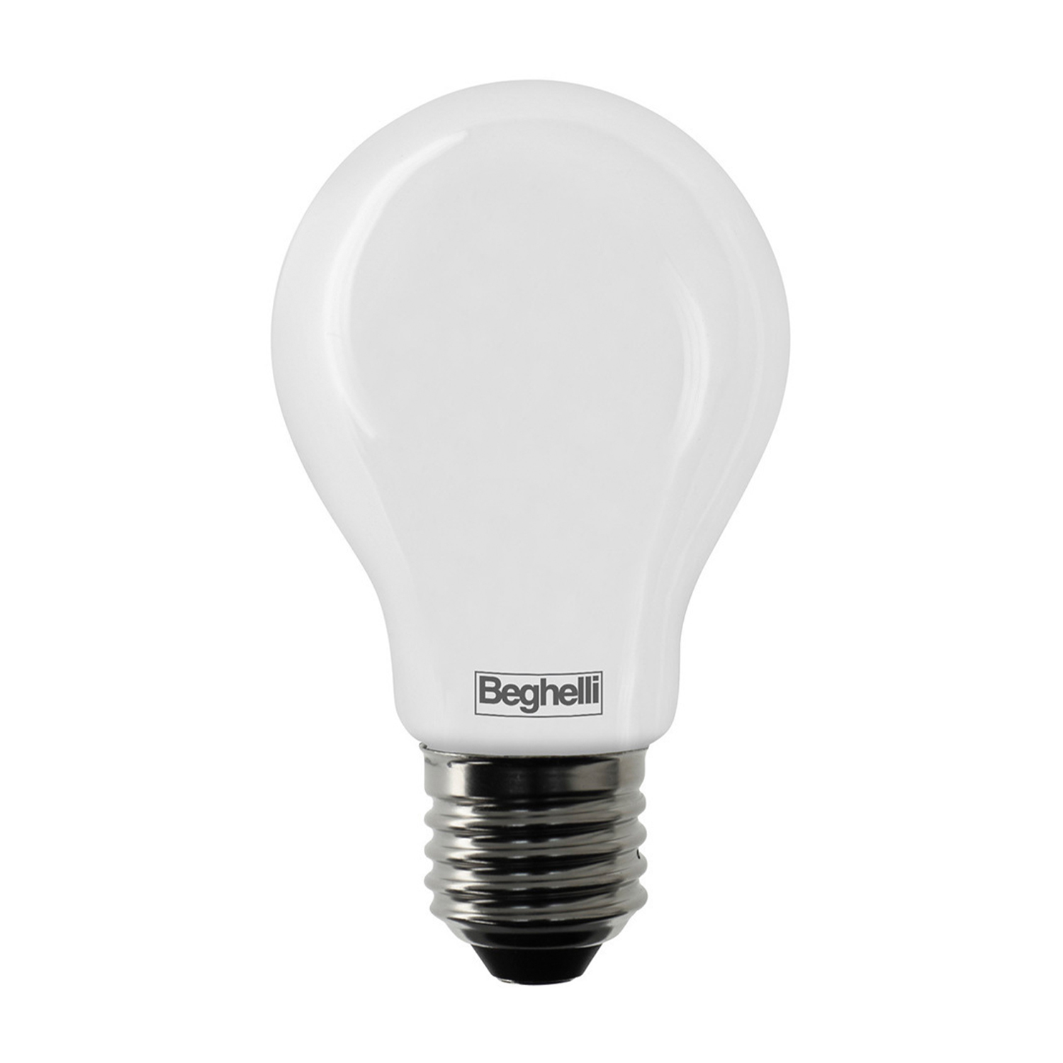 Una lampadina bianca con base argentata e il logo Beghelli.