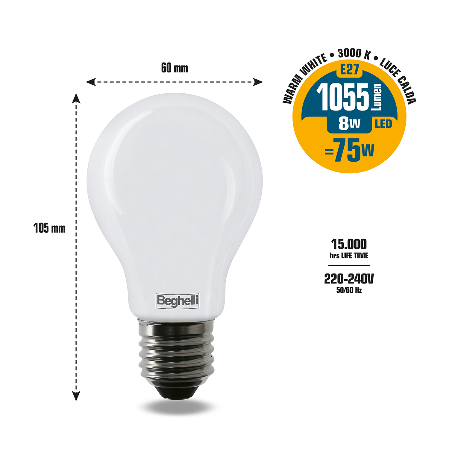 Lampadina bianca con testo su dimensioni, wattaggio e durata.
