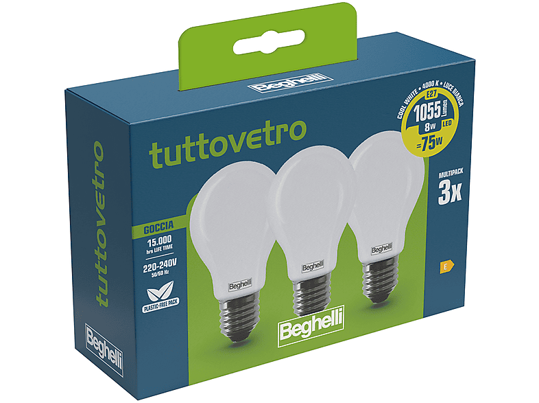 Lampadina LED Beghelli 3PZ Tvled GOC 8We27-4K
