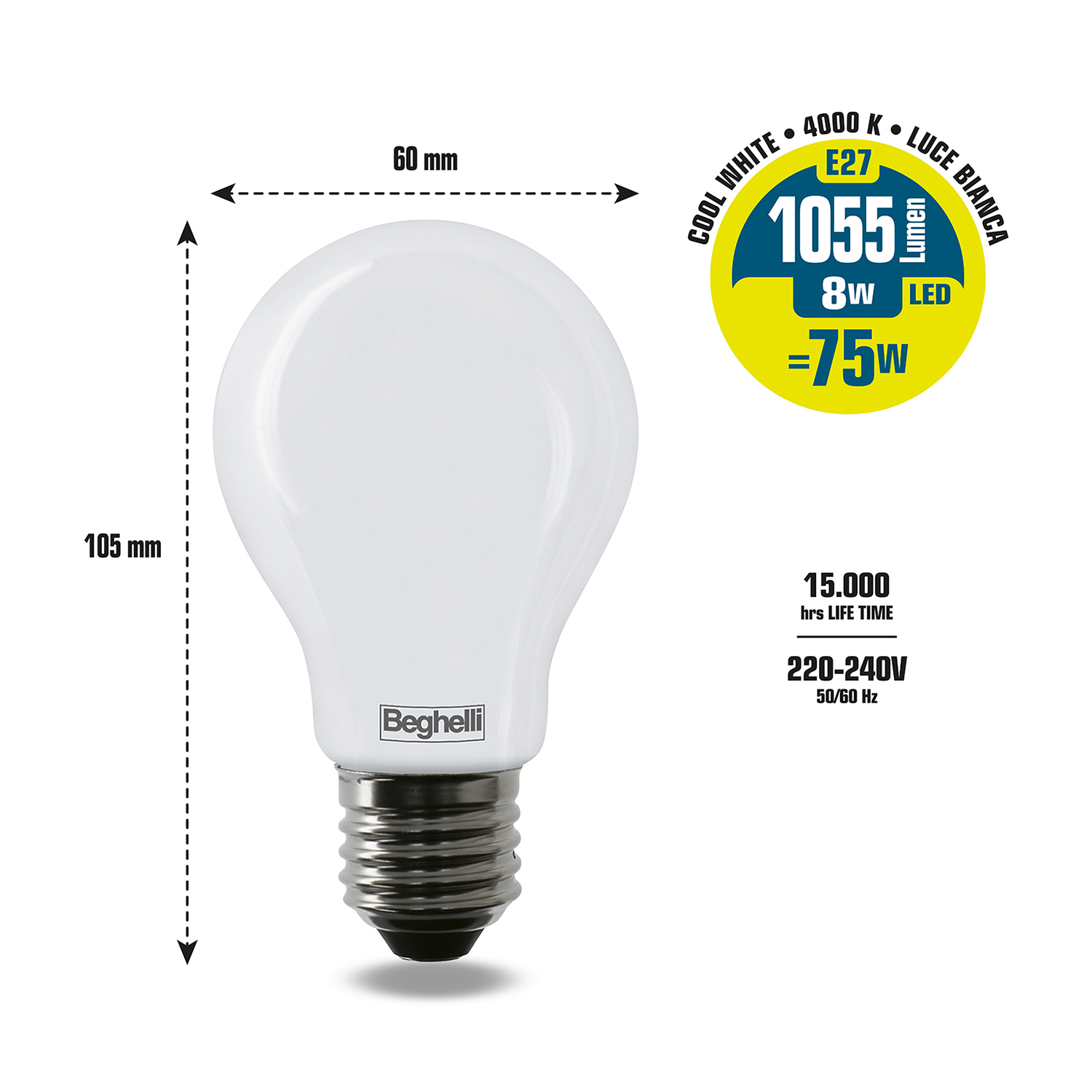 Una lampadina a LED bianca con dimensioni e dettagli tecnici in un diagramma.