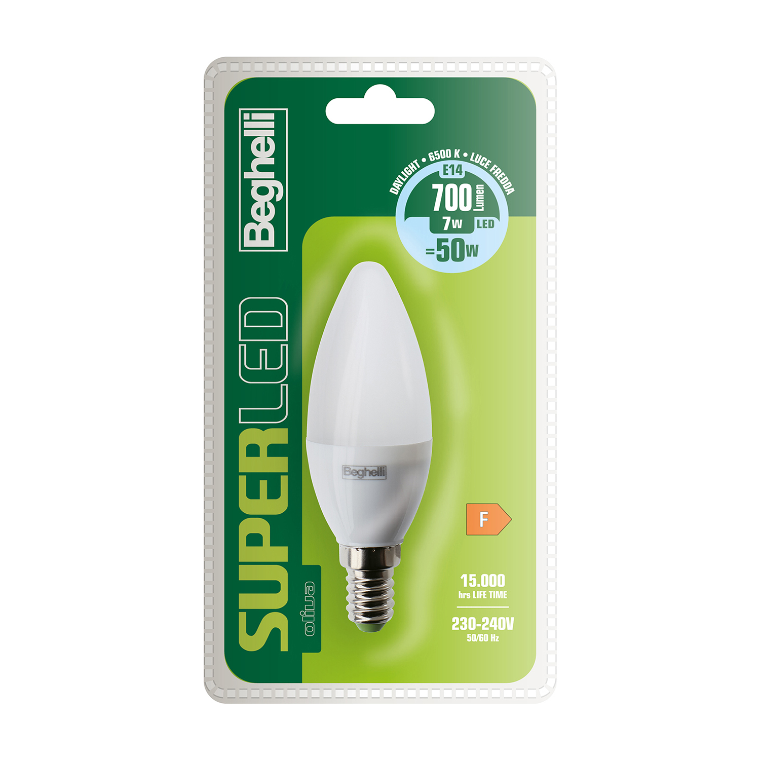 Lampadina LED bianca in confezione di plastica, con testo su watt, lumen ed efficienza energetica.