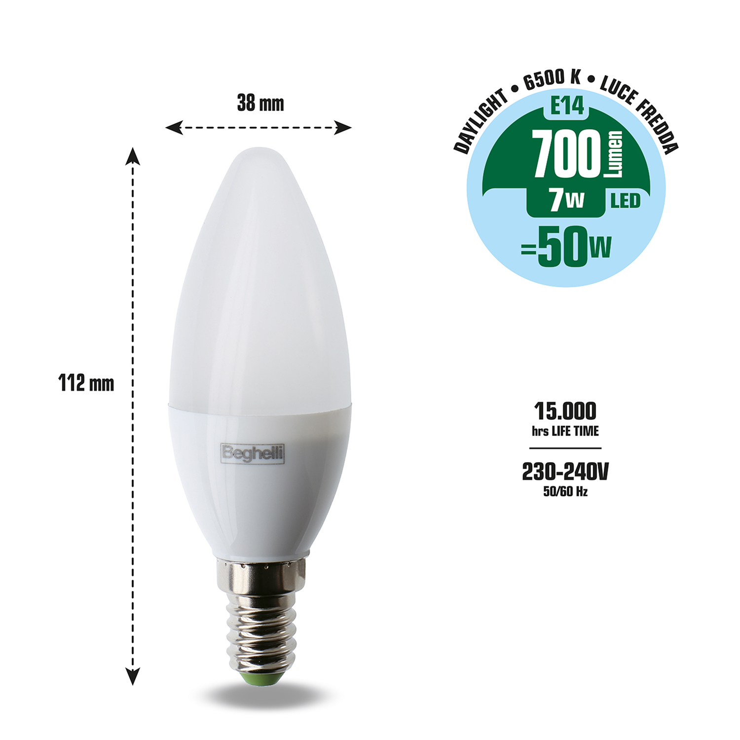 Lampadina LED bianca, con dimensioni e specifiche. Schema di colori blu e bianco. Mostra 700 lumen.