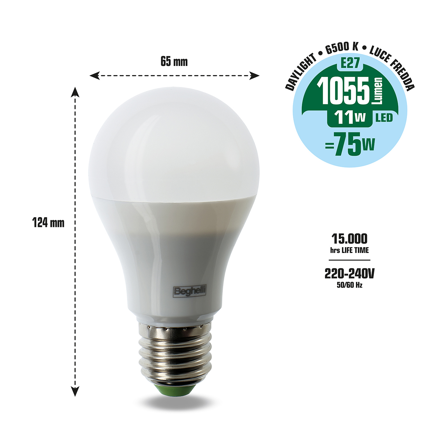 Lampadina LED bianca con misure e specifiche su sfondo bianco.