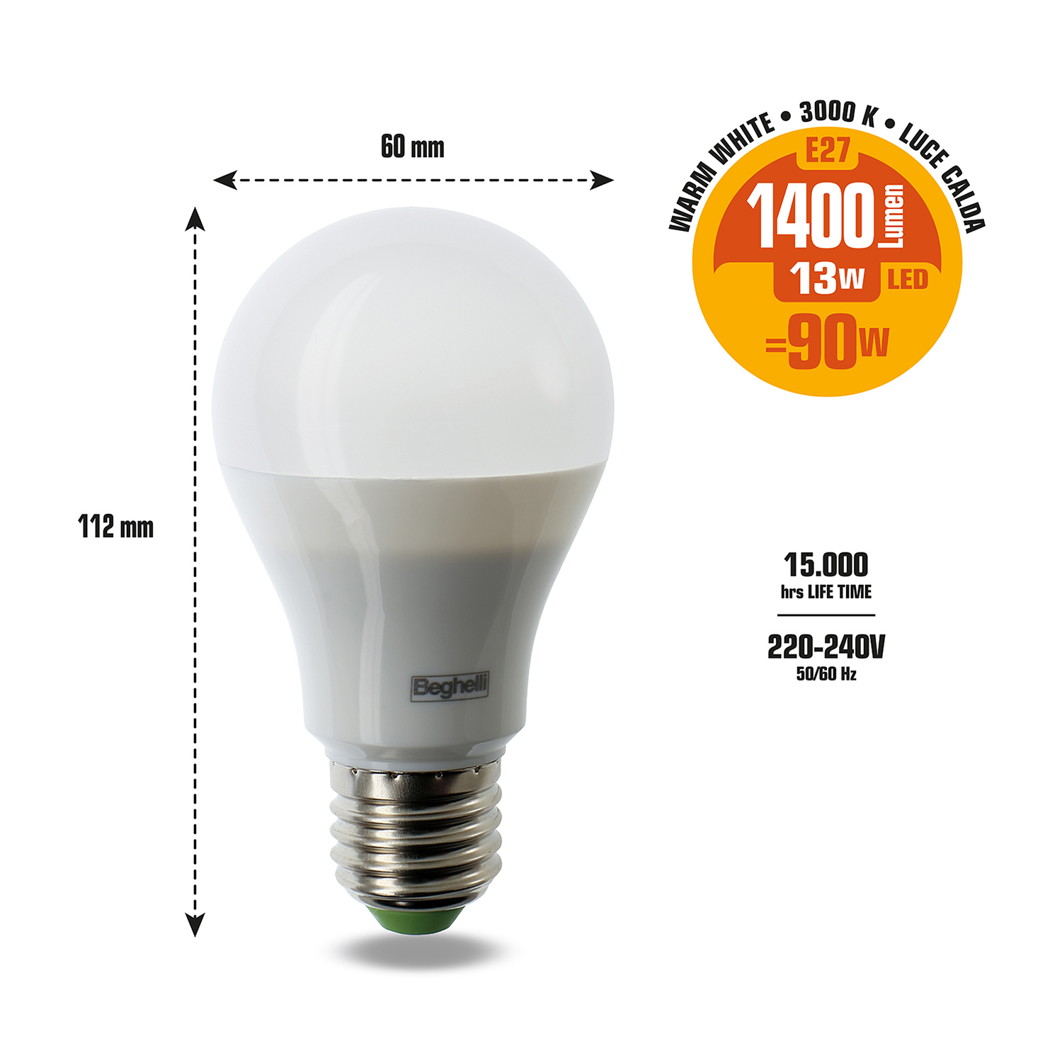Lampadina LED bianca con dimensioni.