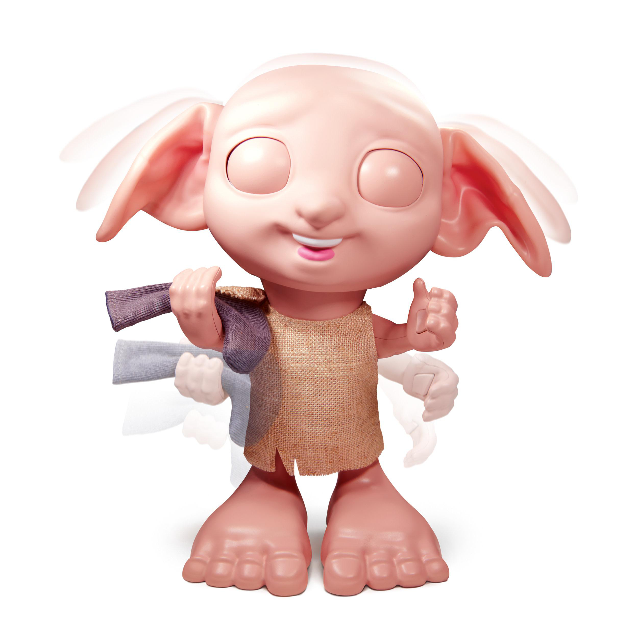 Eine Cartoon-Dobby-Figur mit beweglichen Armen, die eine Socke hält, mit Daumen hoch.