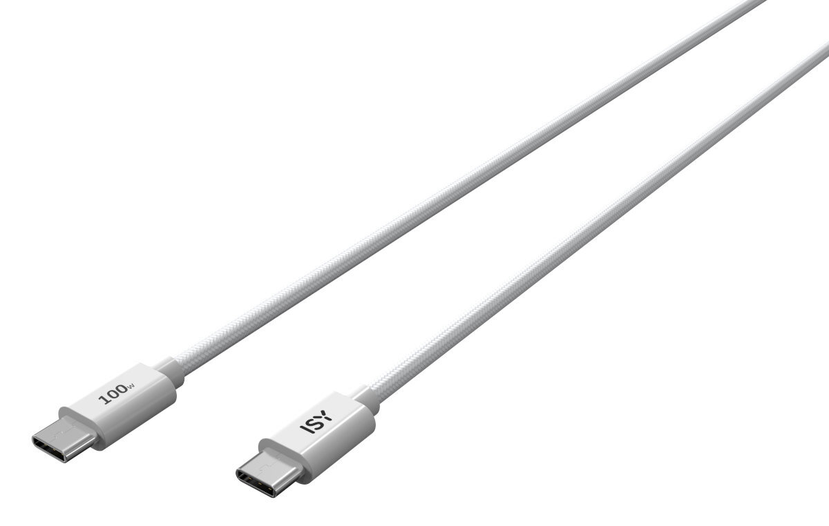 Dwa białe kable USB-C z logo ISY i tekstem 100W.