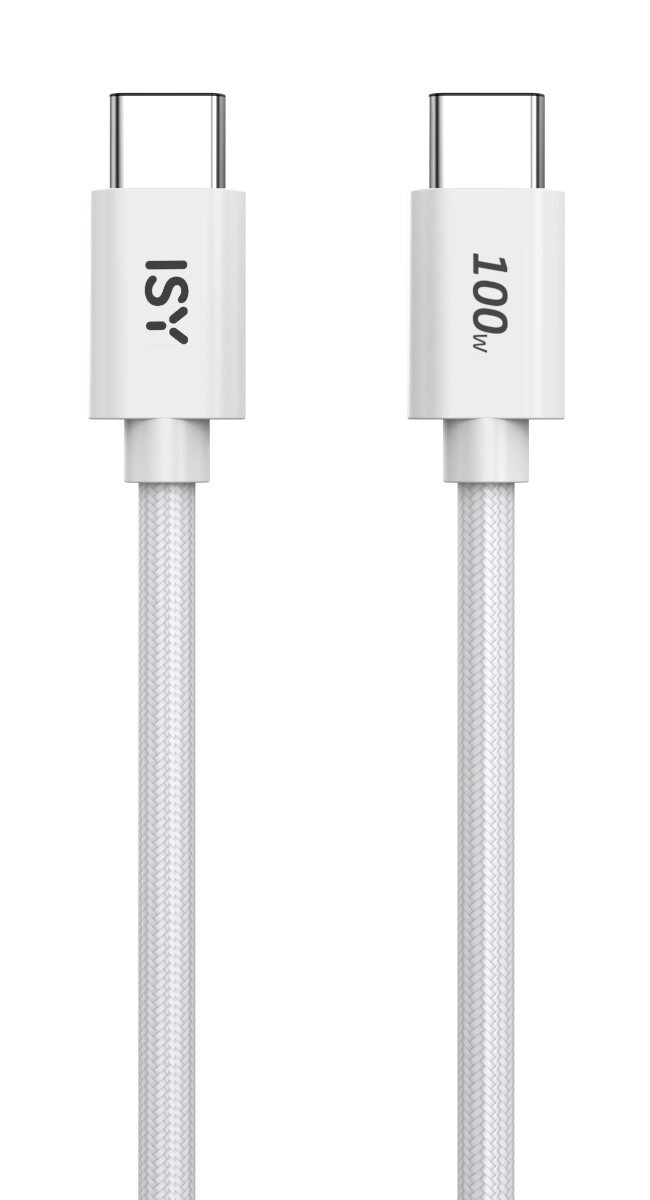 Dwa białe kable USB-C z białymi złączami, opisane 100W i ISY.