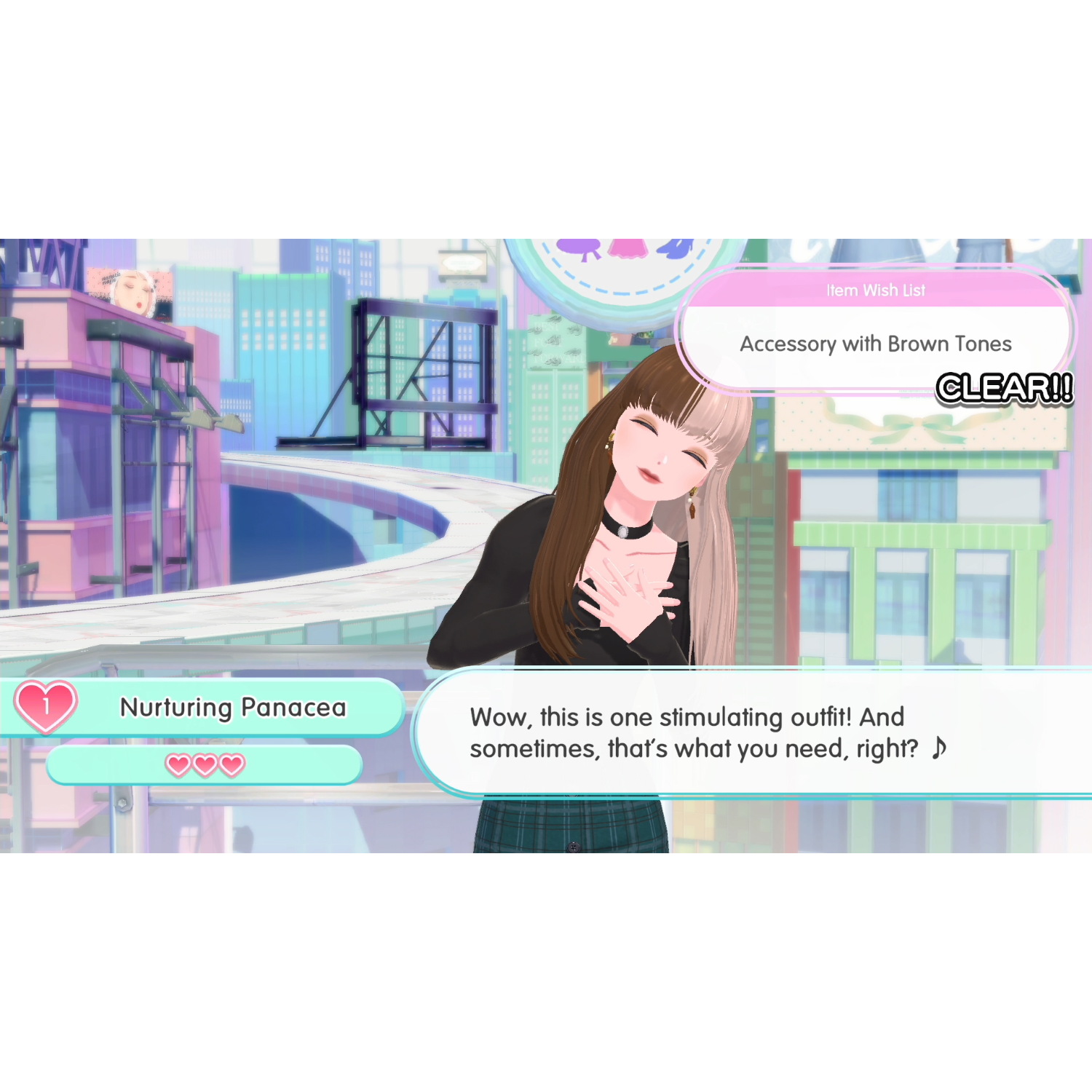 Een vrouw met bruin haar, gekleed in een zwarte outfit, bevindt zich in een game-scene met tekstvakken.