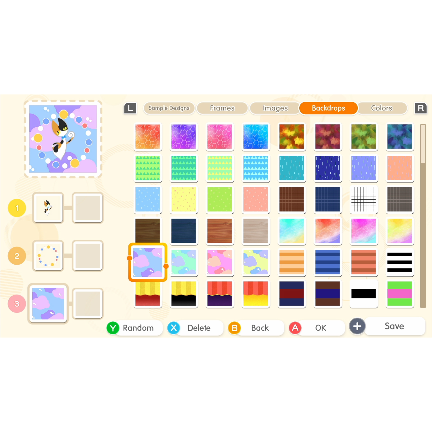 Game-interface met ontwerpopties, inclusief achtergronden en bedieningsknoppen.