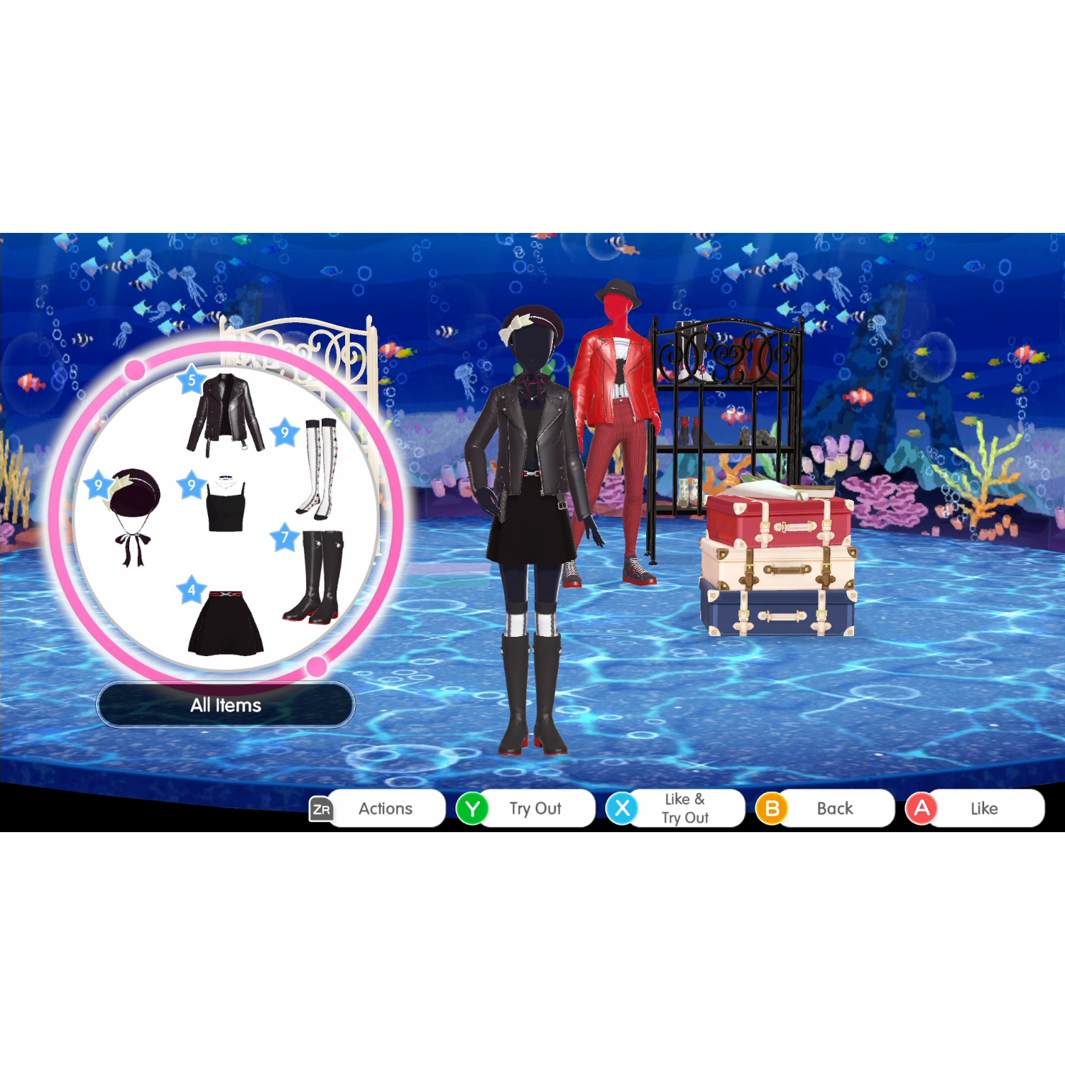 Een virtuele paskamerinterface met kledingopties en twee mannequins op de achtergrond.