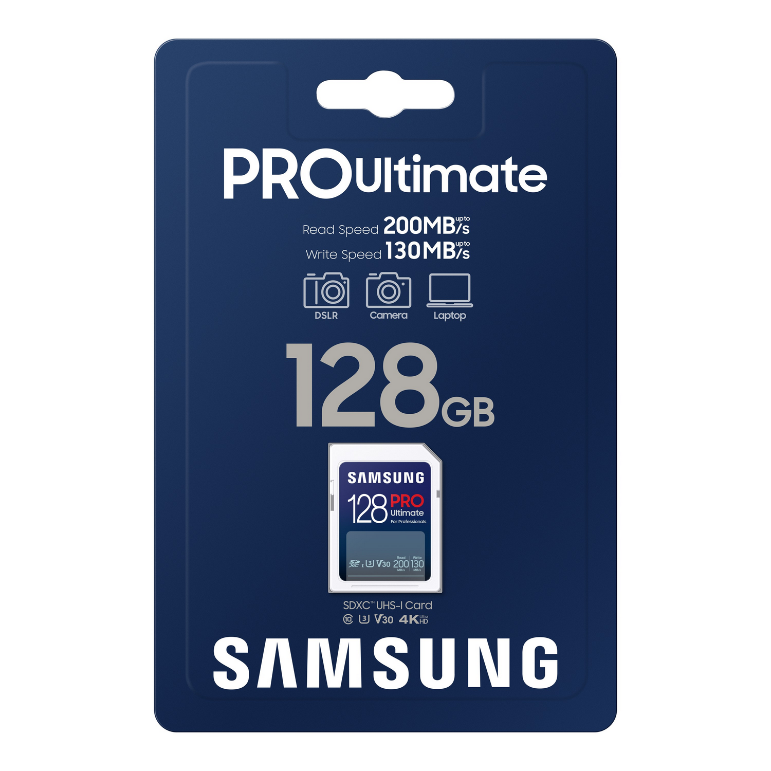 Blue-packaged Samsung 128GB Pro Ultimate SD card with read and write speeds.