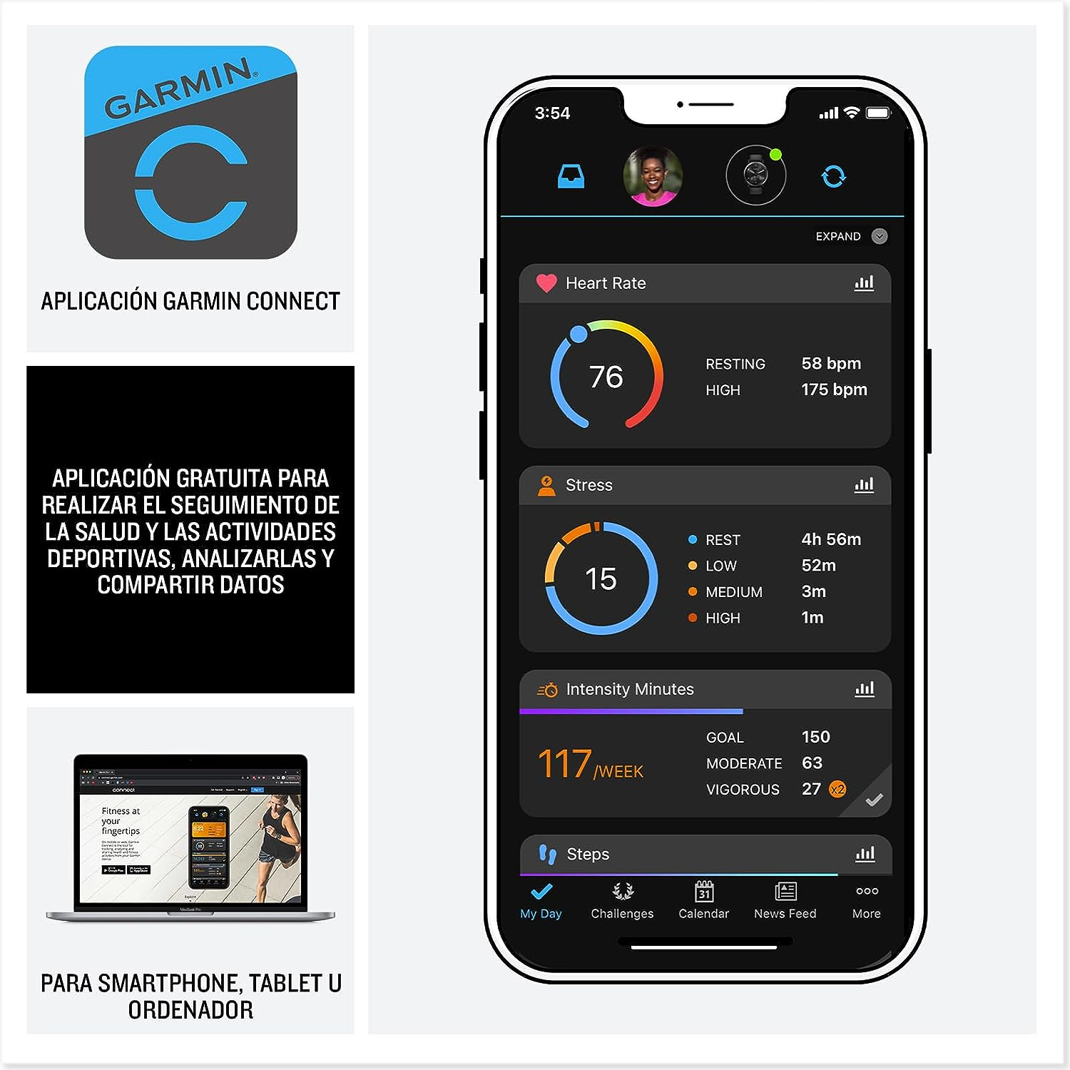 Una aplicación para smartphone que muestra datos de salud con un portátil y el logotipo de la aplicación.