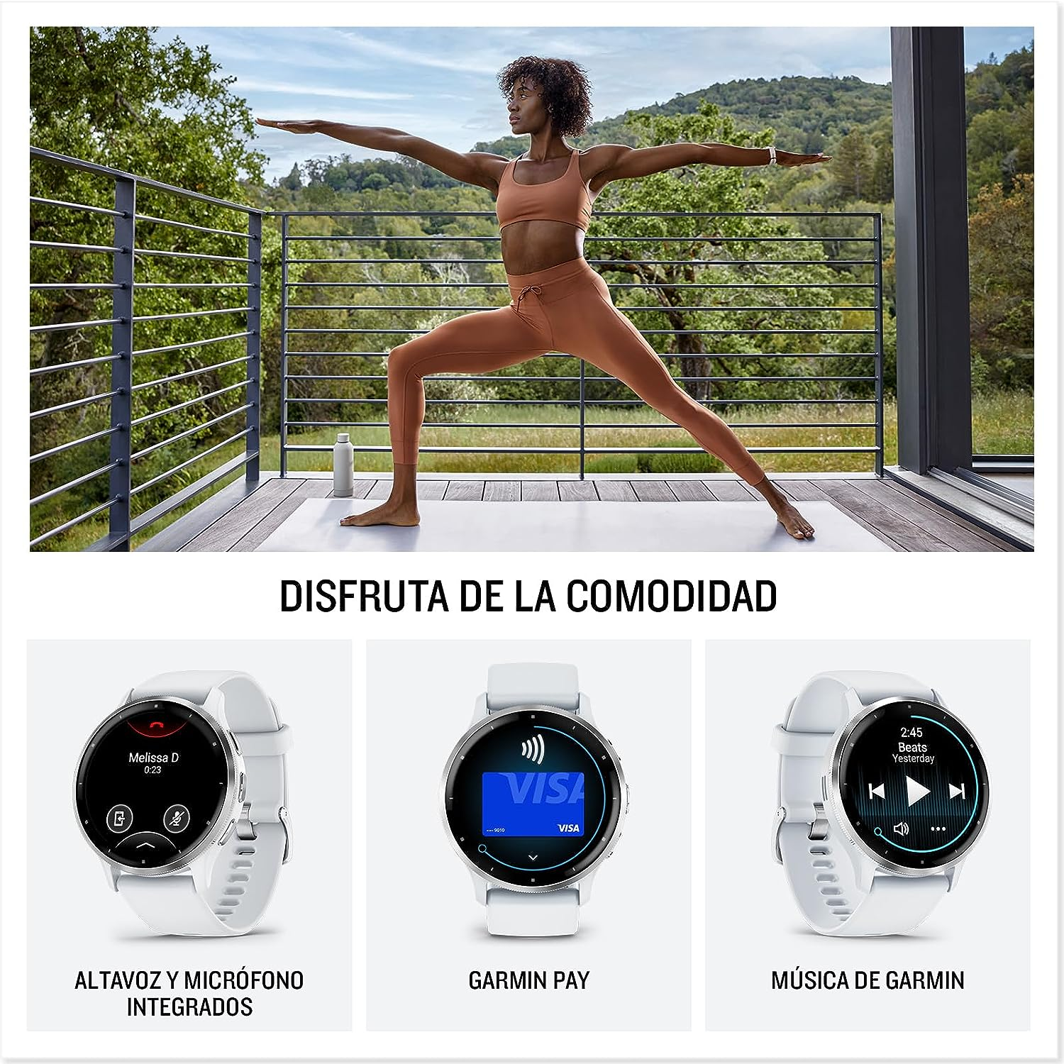 Mujer haciendo poses de yoga y tres smartwatches con diferentes esferas.