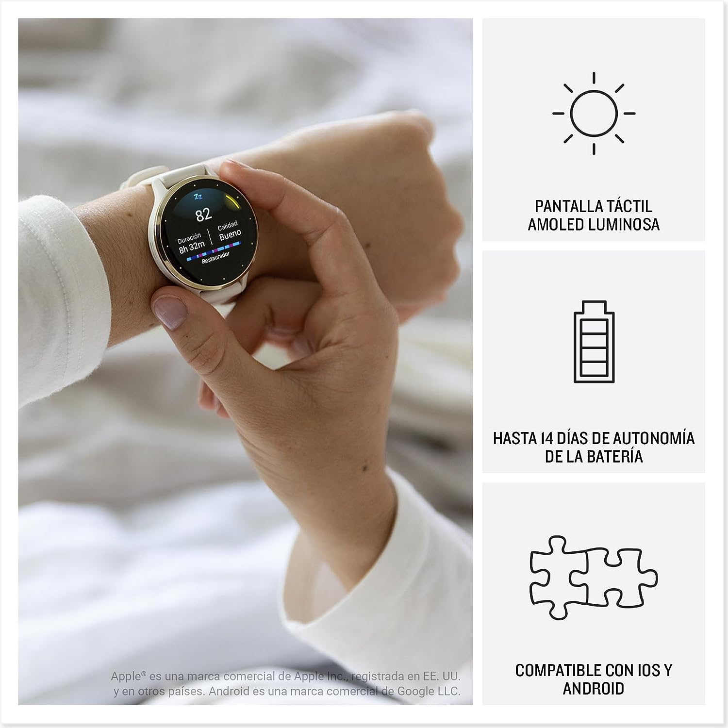 Reloj en la muñeca mostrando info y gráficos con texto. Se muestran tres iconos.