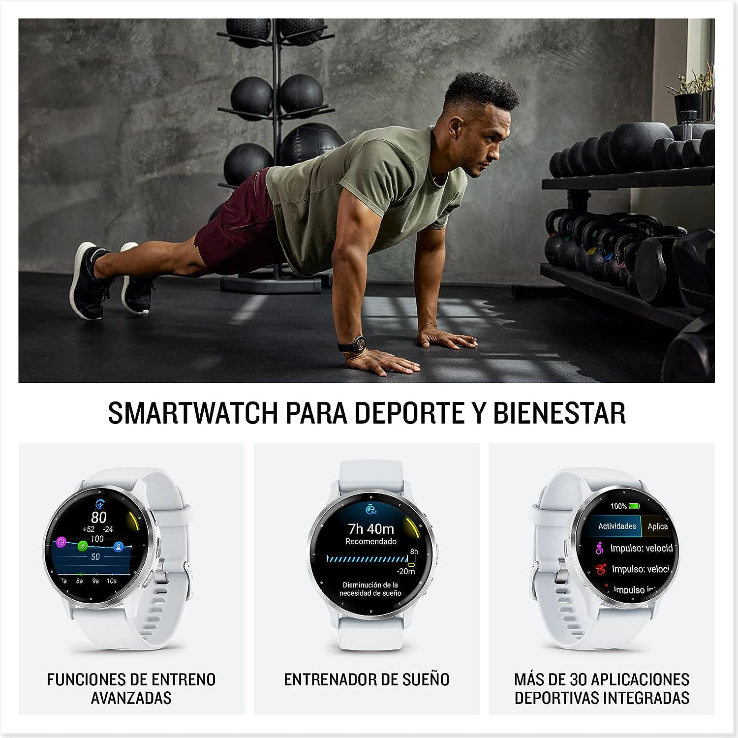 Hombre haciendo flexiones, usando un smartwatch con datos de salud debajo de la imagen.