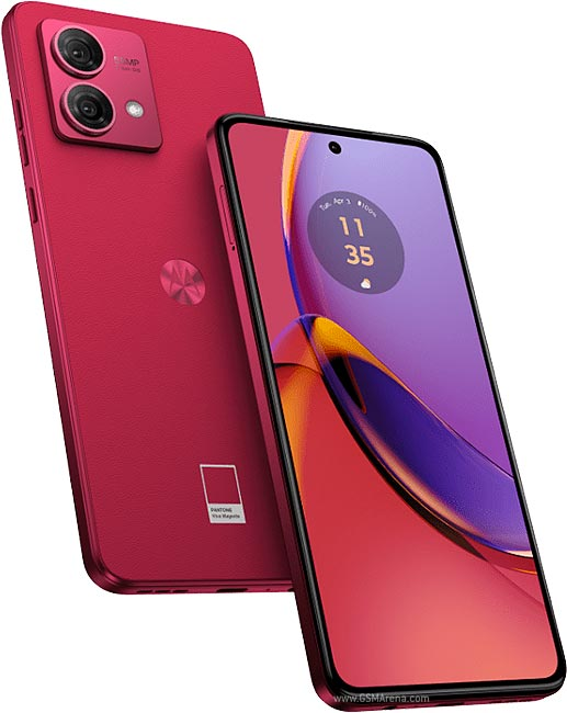 Teléfono inteligente rojo con dos cámaras, y un segundo teléfono. Pantalla morada muestra la hora.
