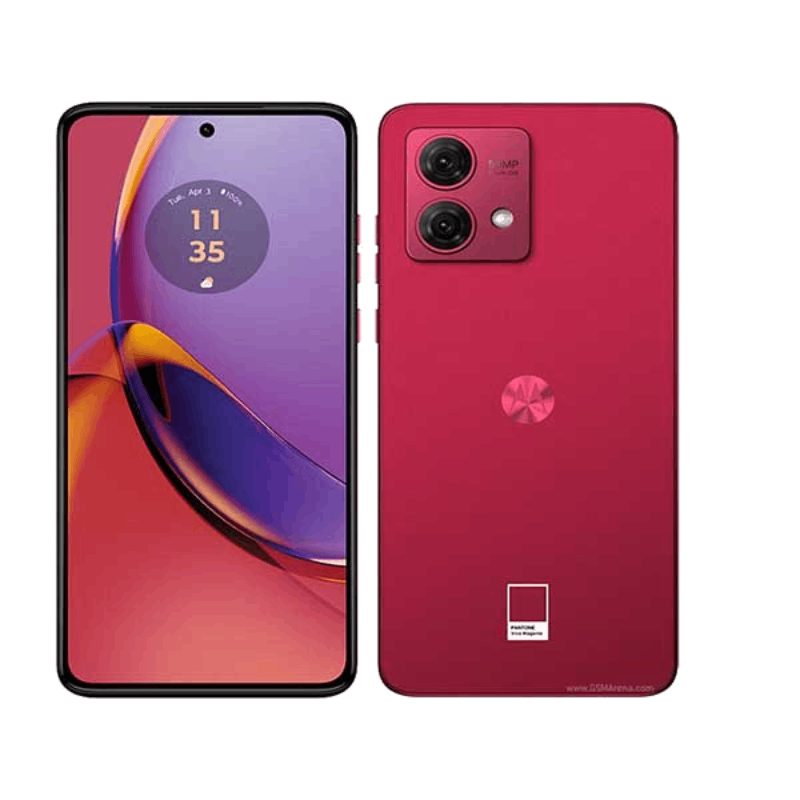 Un smartphone rojo, con dos cámaras traseras y una pantalla que muestra hora y fecha.