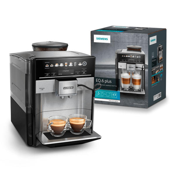 Siemens espresso makinesi, iki fincan kahve ile. Kutulu makine arka planda.