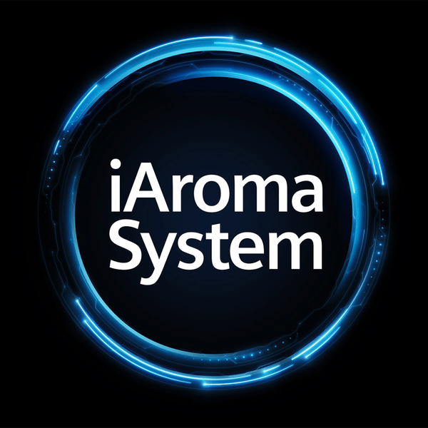 Siyah arka plan, beyaz 'iAroma System' metni etrafında parlayan mavi daire.
