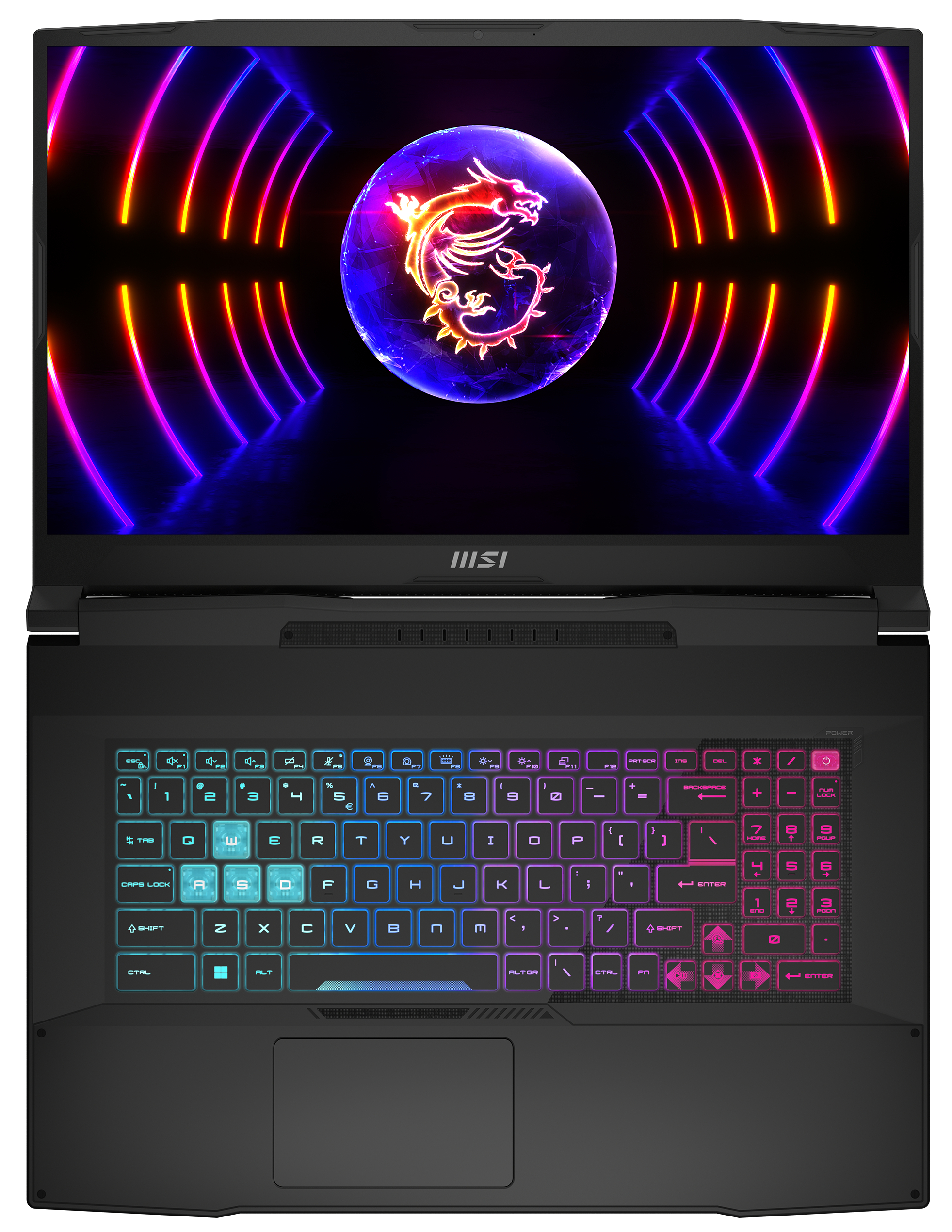Draufsicht auf einen Laptop mit bunter Tastatur und Bildschirm.