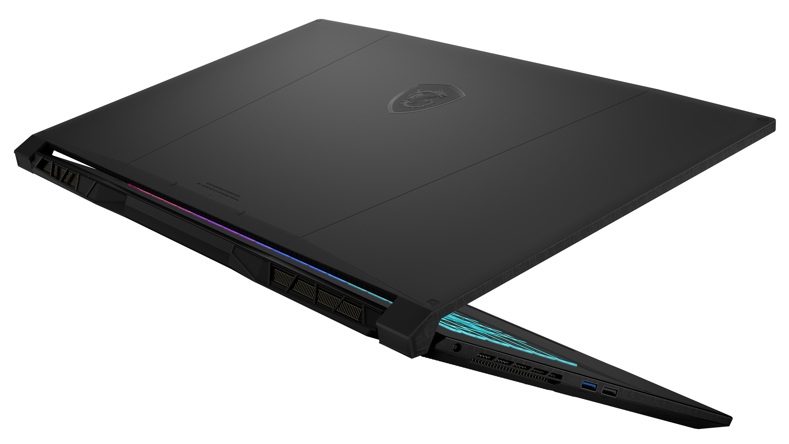 Schwarzer Laptop, Draufsicht, teilweise geöffnet, zeigt die Tastatur und die Rückseite mit Logo und Schrift.