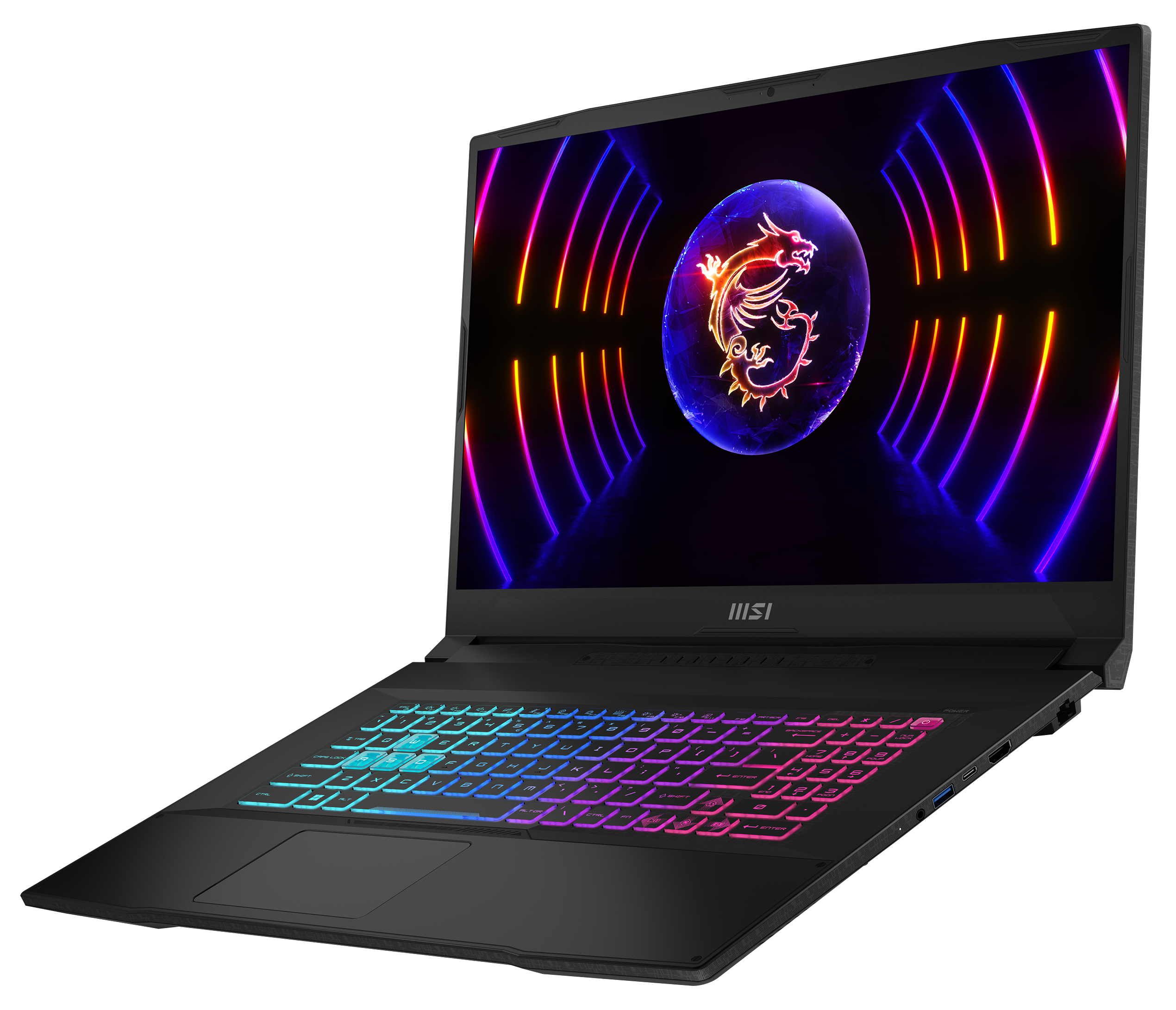 Schwarzer Laptop mit bunter Tastatur und Bildschirm mit MSI-Logo.