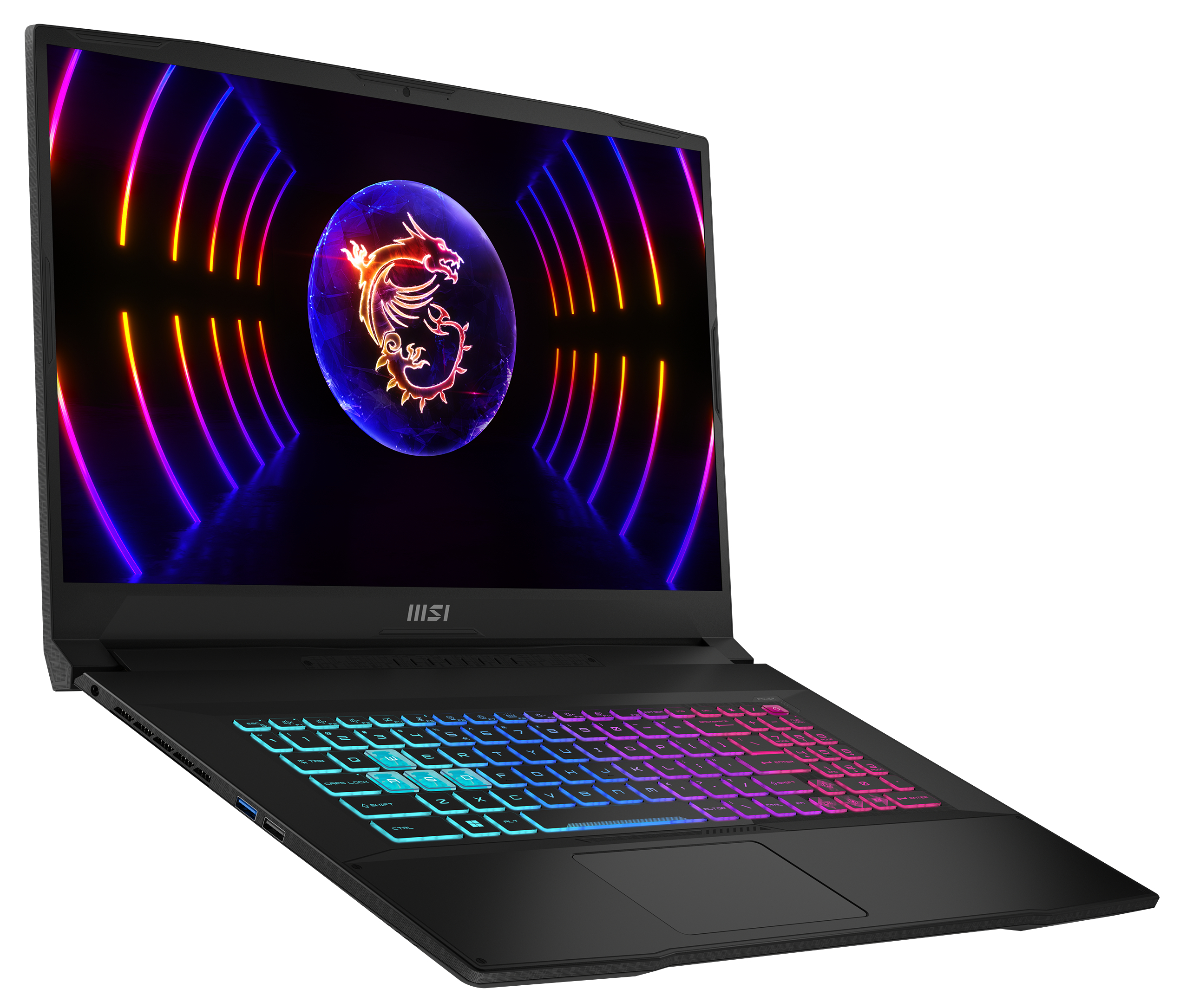 Ein schwarzer Laptop mit farbig beleuchteter Tastatur und Drachenlogo auf dem Bildschirm.
