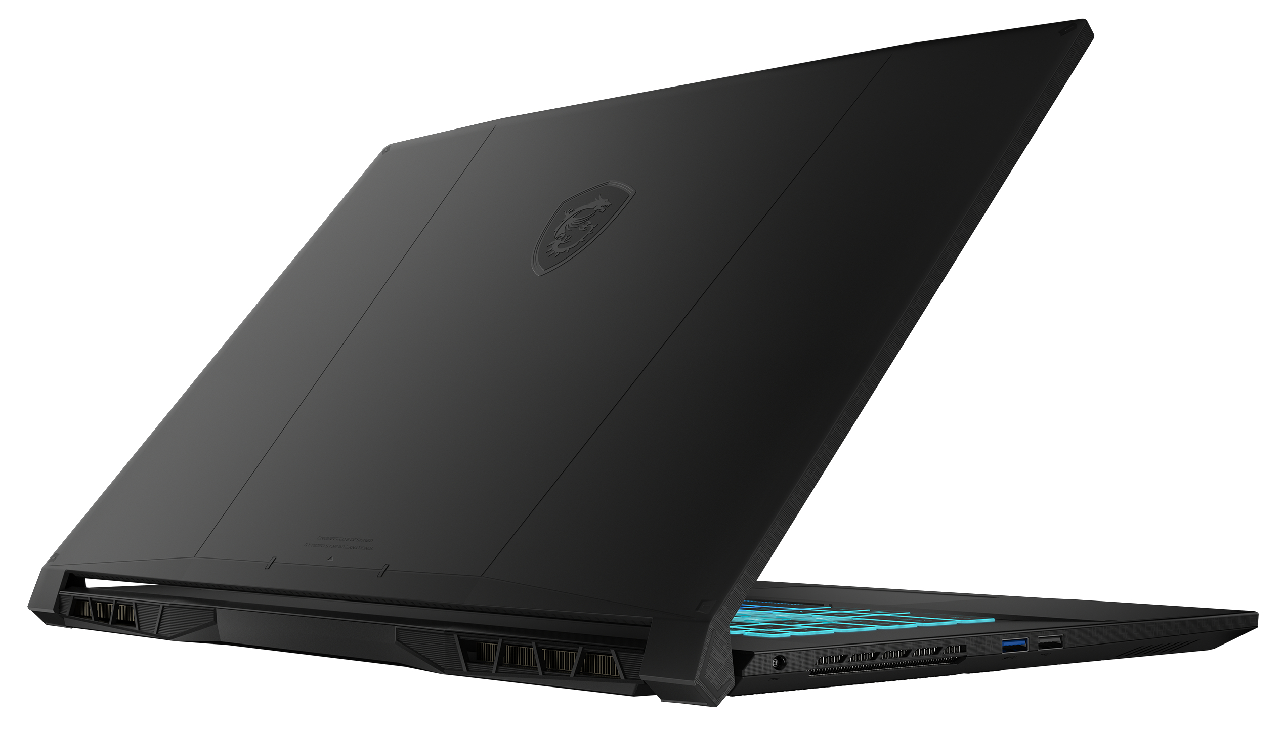 Schwarzer Laptop, Rückansicht, leicht geöffnet, zeigt die Tastatur und das Belüftungsdesign.